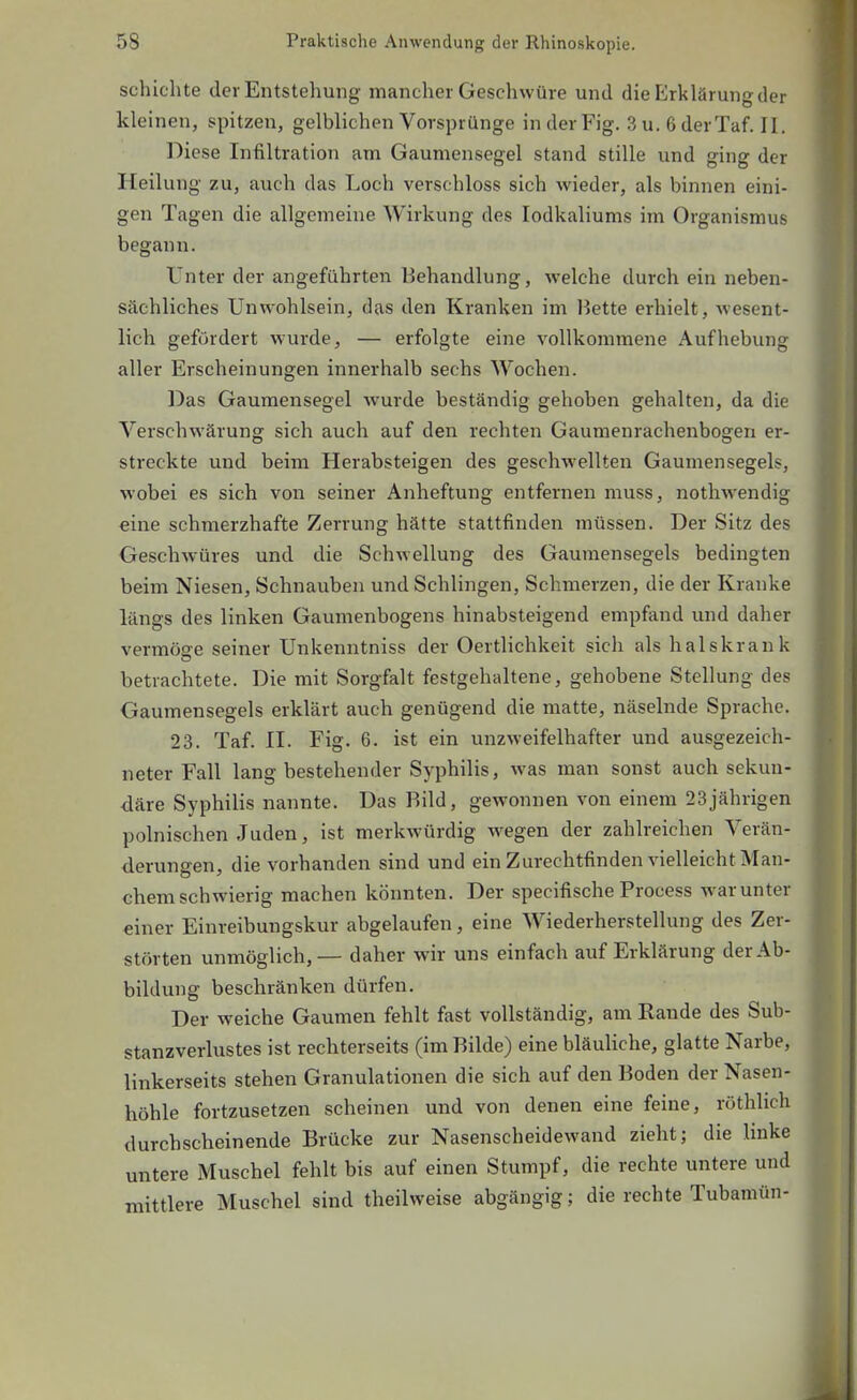 schichte der Entstehung mancher Geschwüre und die Erklärung der kleinen, spitzen, gelblichen Vorsprünge in der Fig. 3u. ßderTaf. II. Diese Infiltration am Gaumensegel stand stille und ging der Heilung zu, auch das Loch verschloss sich wieder, als binnen eini- gen Tagen die allgemeine Wirkung des lodkaliums im Organismus begann. Unter der angeführteii Behandlung, welche durch ein neben- sächliches Unwohlsein, das den Kranken im Hette erhielt, wesent- lich gefördert wurde, — erfolgte eine vollkommene Aufhebung aller Erscheinungen innerhalb sechs Wochen. Das Gaumensegel wurde beständig gehoben gehalten, da die Verschwärung sich auch auf den rechten Gaumenrachenbogen er- streckte und beim Herabsteigen des geschwellten Gaumensegels, wobei es sich von seiner Anheftung entfernen muss, nothwendig eine schmerzhafte Zerrung hätte stattfinden müssen. Der Sitz des Geschwüres und die Schwellung des Gaumensegels bedingten beim Niesen, Schnauben und Schlingen, Schmerzen, die der Kranke längs des linken Gaumenbogens hinabsteigend empfand und daher vermöffe seiner Unkenntniss der Oertlichkeit sich als halskrank betrachtete. Die mit Sorgfalt festgehaltene, gehobene Stellung des Gaumensegels erklärt auch genügend die matte, näselnde Sprache. 23. Taf. n. Fig. 6. ist ein unzweifelhafter und ausgezeich- neter Fall lang bestehender Syphilis, was man sonst auch sekun- däre Syphilis nannte. Das Rild, gewonnen von einem 23jährigen polnischen Juden, ist merkwürdig wegen der zahlreichen Verän- derungen, die vorhanden sind und ein Zurechtfinden vielleicht Man- chem schwierig machen könnten. Der specifische Process war unter einer Einreibungskur abgelaufen, eine Wiederherstellung des Zer- störten unmöglich,— daher wir uns einfach auf Erklärung der Ab- bildung beschränken dürfen. Der weiche Gaumen fehlt fast vollständig, am Rande des Sub- stanzverlustes ist rechterseits (im Bilde) eine bläuliche, glatte Narbe, linkerseits stehen Granulationen die sich auf den Boden der Nasen- höhle fortzusetzen scheinen und von denen eine feine, röthlich durchscheinende Brücke zur Nasenscheidewand zieht; die linke untere Muschel fehlt bis auf einen Stumpf, die rechte untere und mittlere Muschel sind theilweise abgängig; die rechte Tubamün-