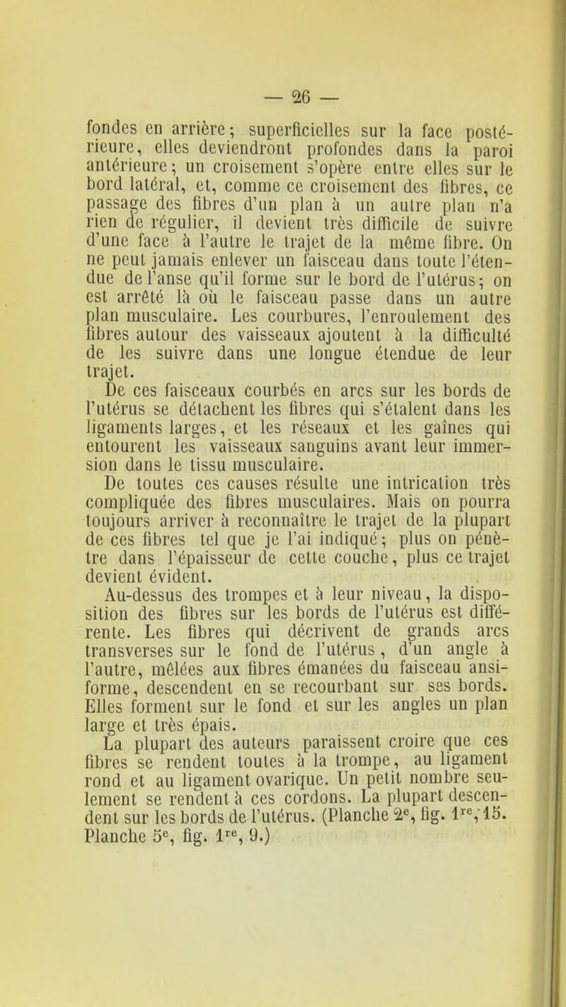 — re- fondes en arrière ; superficielles sur la face posté- rieure, elles deviendront profondes dans la paroi antérieure ; un croisement s'opère entre elles sur le bord latéral, et, comme ce croisement des fibres, ce passage des fibres d'un plan à un autre plan n'a rien de régulier, il devient très difficile de suivre d'une face à l'autre le trajet de la même fibre. On ne peut jamais enlever un faisceau dans toute l'éten- due de l'anse qu'il forme sur le bord de l'utérus; on est arrêté là oii le faisceau passe dans un autre plan musculaire. Les courbures, l'enroulement des fibres autour des vaisseaux ajoutent à la difficulté de les suivre dans une longue étendue de leur trajet. De ces faisceaux courbés en arcs sur les bords de l'utérus se détachent les fibres qui s'étalent dans les ligaments larges, et les réseaux et les gaines qui entourent les vaisseaux sanguins avant leur immer- sion dans le tissu musculaire. De toutes ces causes résulte une intrication très compliquée des fibres musculaires. Mais on pourra toujours arriver à reconnaître le trajet de la plupart de ces fibres tel que je l'ai indiqué ; plus on pénè- tre dans l'épaisseur de cette couche, plus ce trajet devient évident. Au-dessus des trompes et à leur niveau, la dispo- sition des fibres sur les bords de l'utérus est diffé- rente. Les fibres qui décrivent de grands arcs transverses sur le fond de l'utérus, d'un angle à l'autre, mêlées aux fibres émanées du faisceau ansi- forme, descendent en se recourbant sur ses bords. Elles forment sur le fond et sur les angles un plan large et très épais. La plupart des auteurs paraissent croire que ces fibres se rendent toutes à la trompe, au ligament rond et au ligament ovarique. Un petit nombre seu- lement se rendent h ces cordons. La plupart descen- dent sur les bords de l'utérus. (Planche 2% fig. 1^%15. Planche 5% fig. V% 9.)