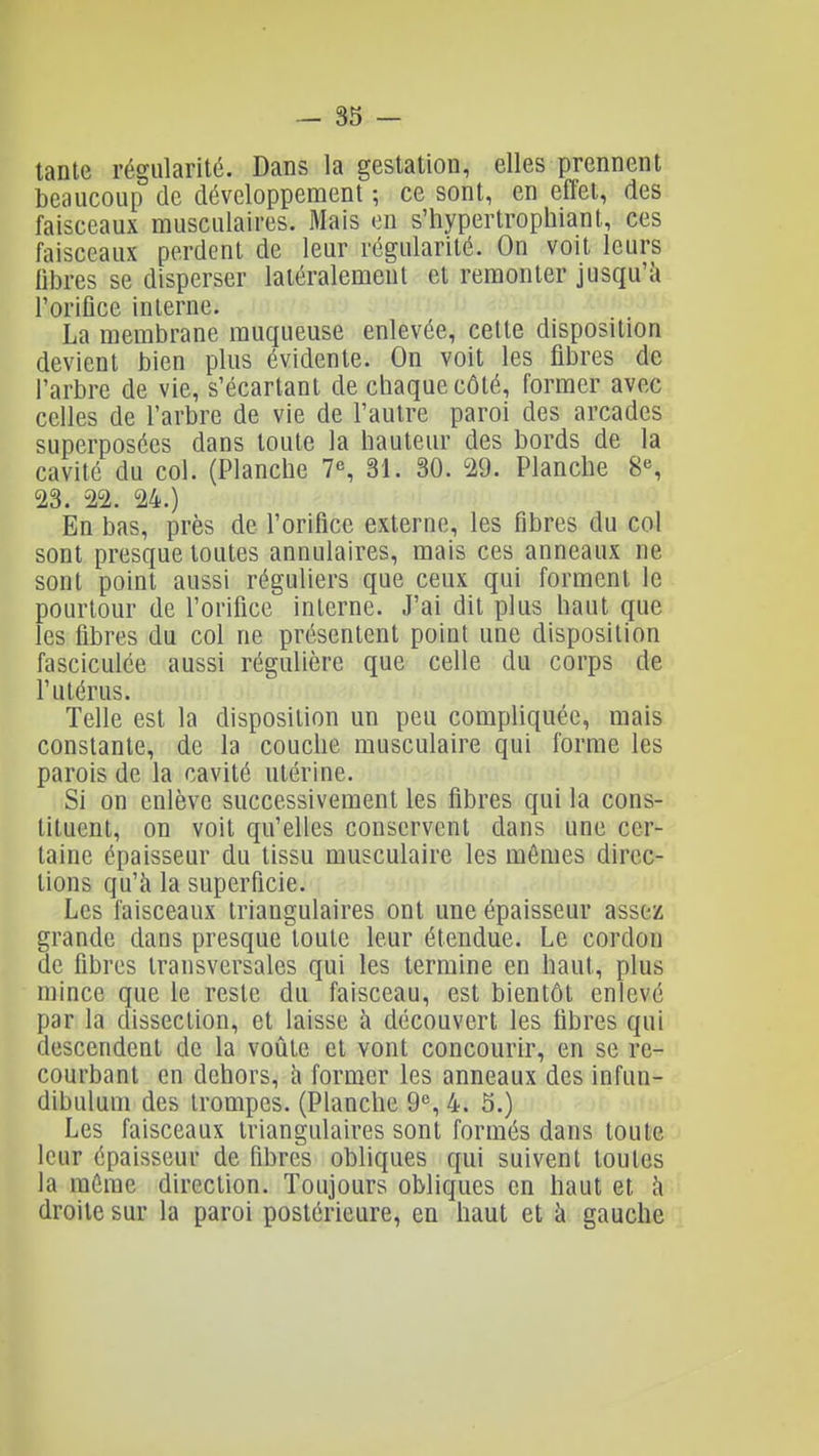 tante régularité. Dans la gestation, elles prennent bciuicoup de développement ; ce sont, en effet, des faisceaux musculaires. Mais en s'hypertrophiant, ces faisceaux perdent de leur régularité. On voit leurs lil)res se disperser latéralement et remonter jusqu'à l'orifice interne. La membrane muqueuse enlevée, cette disposition devient bien plus évidente. On voit les fibres de l'arbre de vie, s'écartant de chaque côlé, former avec celles de l'arbre de vie de l'autre paroi des arcades superposées dans toute la hauteur des bords de la cavité du col. (Planche 7S 31. 30. 29. Planche 8«, 23. 22. 24.) En bas, près de l'orifice externe, les fibres du col sont presque toutes annulaires, mais ces anneaux ne sont point aussi réguliers que ceux qui forment le pourtour de l'orifice interne. J'ai dit plus haut que les fibres du col ne présentent point une disposition fasciculce aussi régulière que celle du corps de l'utérus. Telle est la disposition un peu compliquée, mais constante, de la couche musculaire qui forme les parois de la cavité utérine. Si on enlève successivement les fibres qui la cons- tituent, on voit qu'elles conservent dans une cer- taine épaisseur du tissu musculaire les mômes direc- tions qu'à la superficie. Les faisceaux triangulaires ont une épaisseur assez grande dans presque toute leur étendue. Le cordon de fibres transversales qui les termine en haut, plus mince que le reste du faisceau, est bientôt enlevé par la dissection, et laisse à découvert les fibres qui descendent de la voûte et vont concourir, en se re- courbant en dehors, à former les anneaux des infun- dibulum des trompes. (Planche 9% 4. 5.) Les faisceaux triangulaires sont formés dans toute leur épaisseur de fibres obliques qui suivent toutes la mérac direction. Toujours obliques en haut et à droite sur la paroi postérieure, en haut et à gauche