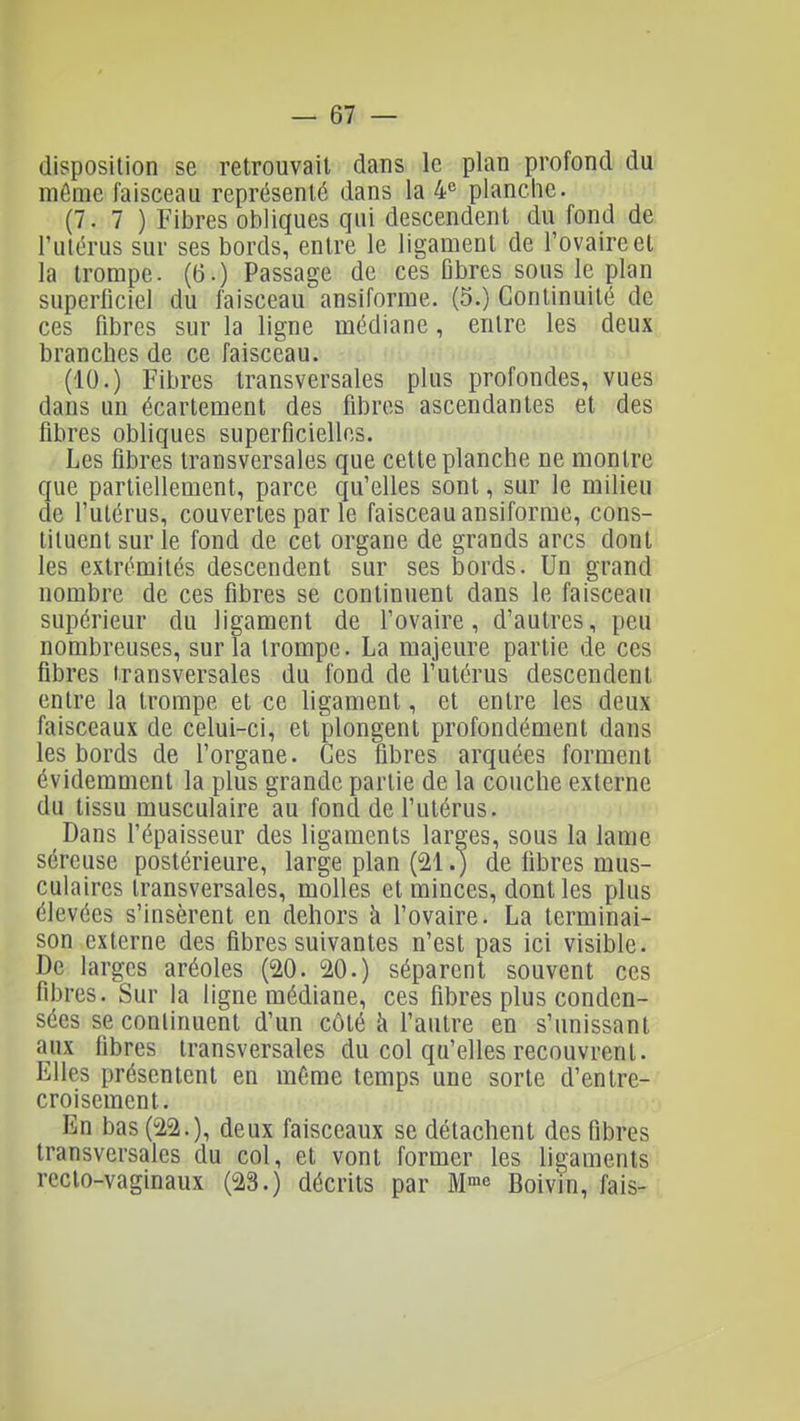 disposition se retrouvait dans le plan profond du môme faisceau représenté dans la 4^ planche. (7. 7 ) Fibres obliques qui descendent du fond de l'utérus sur ses bords, entre le ligament de l'ovaire et la trompe. (6.) Passage de ces fibres sous le plan superficiel du faisceau ansiforme. (5.) Continuité de ces fibres sur la ligne médiane, entre les deux branches de ce faisceau. (10.) Fibres transversales plus profondes, vues dans un écartement des fibres ascendantes et des fibres obliques superficielles. Les fibres transversales que cette planche ne montre que partiellement, parce qu'elles sont, sur le milieu de l'utérus, couvertes par le faisceau ansiforme, cons- tituent sur le fond de cet organe de grands arcs dont les extrémités descendent sur ses bords. Un grand nombre de ces fibres se continuent dans le faisceau supérieur du ligament de l'ovaire, d'autres, peu nombreuses, sur la trompe. La majeure partie de ces fibres transversales du fond de l'utérus descendent entre la trompe et ce ligament, et entre les deux faisceaux de celui-ci, et plongent profondément dans les bords de l'organe. Ces fibres arquées forment évidemment la plus grande partie de la couche externe du tissu musculaire au fond de l'utérus. Dans l'épaisseur des ligaments larges, sous la lame séreuse postérieure, large plan (21. ) de fibres mus- culaires transversales, molles et minces, dont les plus élevées s'insèrent en dehors à l'ovaire. La terminai- son externe des fibres suivantes n'est pas ici visible. De larges aréoles (20. 20.) séparent souvent ces fibres. Sur la ligne médiane, ces fibres plus conden- sées se continuent d'un côté à l'autre en s'unissant aux fibres transversales du col qu'elles recouvrent. Elles présentent en même temps une sorte d'entre- croisement. En bas (22.), deux faisceaux se détachent des fibres transversales du col, et vont former les ligaments recto-vaginaux (23.) décrits par M™e Boivin, fais-