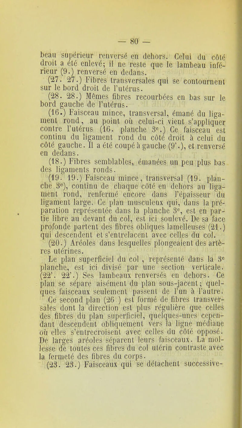 beau supérieur renversé en dehors. Celui du côlé droit a été enlevé; ii ne reste que le lambeau infé- rieur (9.) renversé en dedans. (27. 27.) Fibres transversales qui se contournent sur le bord droit de l'utérus. (28. 28.) Mômes Qbres recourbées en bas sur le bord gauche de l'utérus. (16.) Faisceau mince, transversal, émané du liga- ment rond, au point où celui-ci vient s'appliquer contre l'utérus (16. planche 3.) Ce faisceau est continu du ligament rond du côté droit h celui du côté gauche. Il a été coupé h gauche (9'.), et renversé en dedans. (18.) Fibres semblables, émanées un peu plus bas des ligaments ronds. (19. 19.) Faisceau mince, transversal (19. plan- che 3''), continu de chaque côté en dehors au liga- ment rond, renfermé encore dans l'épaisseur du ligament large. Ce plan musculeux qui, dans la pré- paration représentée dans la planche 3% est en par- tie libre au devant du col, est ici soulevé. De sa face profonde partent des fibres obliques lamelleuses (21.) qui descendent et s'entrelacent avec celles du col. (20.) Aréoles dans lesquelles plongeaient des artè- res utérines. Le plan superficiel du col , représenté dans la 3<' planche, est ici divisé par une section verticale. (22'. 22'.) Ses lambeaux renversés en dehors. Ce plan se sépare aisément du plan sous-jacent ; quel- ques faisceaux seulement passent de l'un à l'autre. Ce second plan (26 ) est formé de fibres transver- sales dont la direction est plus régulière que celles des fibres du plan superficiel, quelques-unes cepen- dant descendent obliquement vers la ligne médiane où elles s'entrecroisent avec celles du côlé opposé. De larges aréoles séparent leurs faisceaux. La mol- lesse de toutes ces fibres du col utérin contraste avec la fermeté des fibres du corps. (23. 23.) Faisceaux qui se détachent successive-