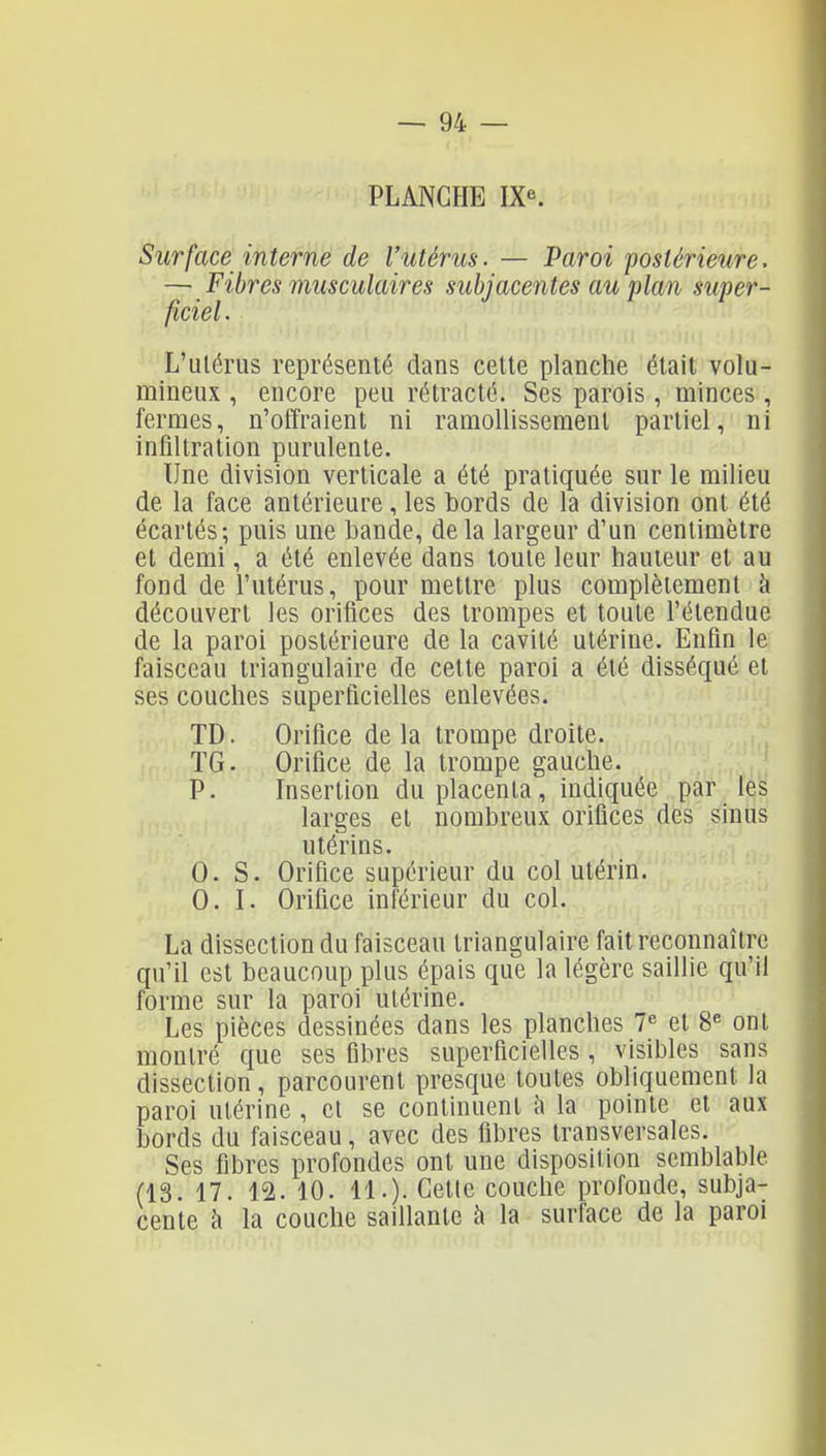 PLANCHE IX«. Surface interne de l'utérus. — Paroi postérieure. — Fibres musculaires subjacentes au plan super- ficiel. L'utérus représenté dans cette planche était volu- mineux , encore peu rétracté. Ses parois, minces , fermes, n'offraient ni ramollissement partiel, ni infiltration purulente. Une division verticale a été pratiquée sur le milieu de la face antérieure, les bords de la division ont été écartés; puis une bande, delà largeur d'un centimètre et demi, a été enlevée dans toute leur hauteur et au fond de l'utérus, pour mettre plus complètement k découvert les orifices des trompes et toute l'étendue de la paroi postérieure de la cavité utérine. Enfin le faisceau triangulaire de cette paroi a été disséqué et ses couches superficielles enlevées. TD. Orifice delà trompe droite. TG. Orifice de la trompe gauche. P. Insertion du placenta, indiquée par les larges et nombreux orifices des sinus utérins. 0. S. Orifice supérieur du col utérin. 0. I. Orifice inférieur du col. La dissection du faisceau triangulaire fait reconnaître qu'il est beaucoup plus épais que la légère saillie qu'il forme sur la paroi utérine. Les pièces dessinées dans les planches 7« et 8 ont montré que ses fibres superficielles, visibles sans dissection, parcourent presque toutes obliquement la paroi utérine , et se continuent h la pointe et aux bords du faisceau, avec des fibres transversales. Ses fibres profondes ont une disposition semblable (13. 17. 12. 10. 11.). Cette couche profonde, subja- cente à la couche saillante à la surface de la paroi