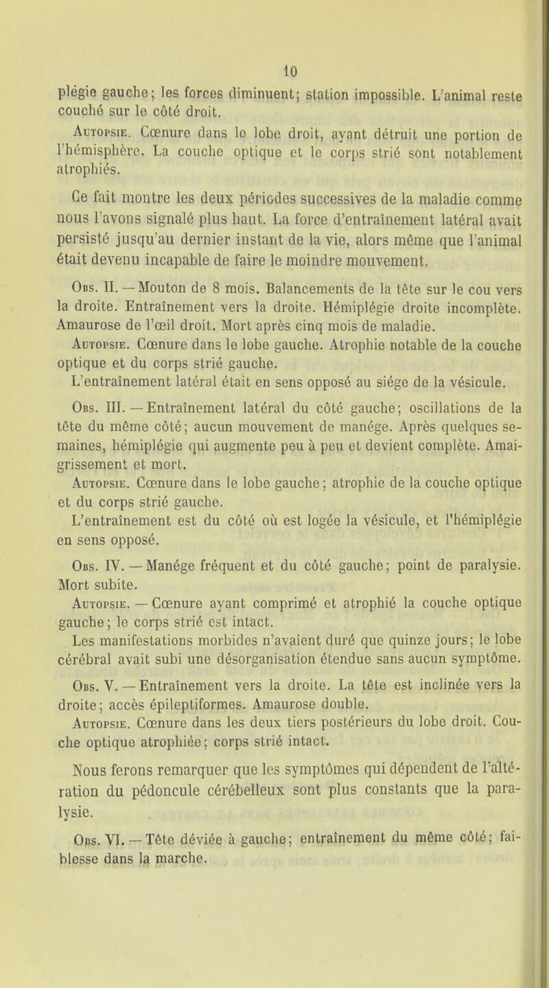 plégie gaucho; les forces diminuent; station impossible. L'animal reste couché sur lo côté droit. Autopsie. Cœnure dans lo lobe droit, ayant détruit une portion de l'hémisphère. La couche optique et le corps strié sont notablement atrophiés. Ce fait montre les deux périodes successives de la maladie comme nous l'avons signalé plus haut. La force d'entraînement latéral avait persisté jusqu'au dernier instant de la vie, alors môme que l'animal était devenu incapable de faire le moindre mouvement. Obs. n. — Mouton de 8 mois. Balancements de la tête sur le cou vers la droite. Entraînement vers la droite. Hémiplégie droite incomplète. Amaurose de l'œil droit. Mort après cinq mois de maladie. Autopsie. Cœnure dans le lobe gauche. Atrophie notable de la couche optique et du corps strié gauche. L'entraînement latéral était en sens opposé au siège de la vésicule. Obs. in.—Entraînement latéral du côté gauche; oscillations de la tôte du même côté ; aucun mouvement de manège. Après quelques se- maines, hémiplégie qui augmente peu à peu et devient complète. Amai- grissement et mort. Autopsie. Cœnure dans le lobe gauche ; atrophie de la couche optique et du corps strié gauche. L'entraînement est du côté où est logée la vésicule, et l'hémiplégie en sens opposé. Obs. IV. — Manège fréquent et du côté gauche; point de paralysie. Mort subite. Autopsie. — Cœnure ayant comprimé et atrophié la couche optique gauche ; le corps strié est intact. Les manifestations morbides n'avaient duré que quinze jours; le lobe cérébral avait subi une désorganisation étendue sans aucun symptôme. Obs. V. — Entraînement vers la droite. La téle est inclinée yers la droite; accès épileptiformes. Amaurose double. Autopsie. Cœnure dans les deux tiers postérieurs du lobe droit. Cou- che optique atrophiée ; corps strié intact. Nous ferons remarquer que les symptômes qui dépendent de Talté- ration du pédoncule cérébelleux sont plus constants que la para- lysie. Ops. VL —Tôte déviée à gauche; entraînement du même côté; fai- blesse dans la marche.