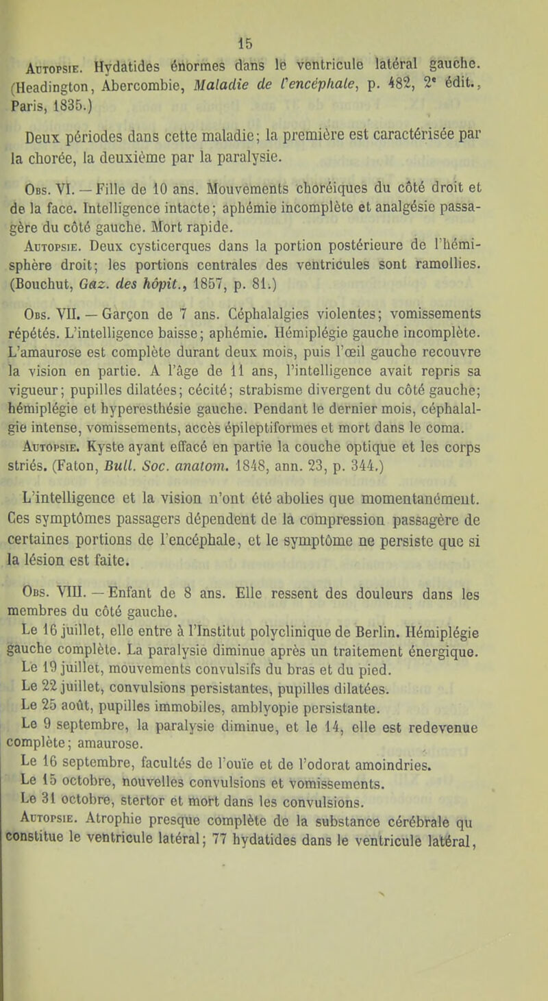 Autopsie. Hydatides énormes dans le ventricule latéral gauche. (Headington, Abercombie, Maladie de Cencéphale, p. 482, 2« édit., Paris, 1835.) Deux périodes dans cette maladie ; la première est caractérisée par la chorée, la deuxième par la paralysie. Obs. VI. — Fille de 10 ans. Mouvements clioréiques du côté droit et de la face. Intelligence intacte; aphémie incomplète et analgésie passa- gère du côté gauche. Mort rapide. Autopsie. Deux cysticerques dans la portion postérieure de l'hémi- sphère droit; les portions centrales des ventricules sont ramollies. (Bouchut, Gaz. des hôpit., 1857, p. 81.) Obs. VII. — Garçon de 7 ans. Céphalalgies violentes ; vomissements répétés. L'intelligence baisse; aphémie. Hémiplégie gauche incomplète. L'amaurose est complète durant deux mois, puis l'œil gauche recouvre la vision en partie. A l'âge de 11 ans, l'intelligence avait repris sa vigueur; pupilles dilatées; cécité; strabisme divergent du côté gauche; hémiplégie et hyperesthésie gauche. Pendant le dernier mois, céphalal- gie intense, vomissements, accès épileptiformes et mort dans le coma. Autopsie. Kyste ayant effacé en partie la couche optique et les corps striés. (Faton, Bull. Soc. anatom. 1848, ann. 23, p. 344.) L'intelligence et la vision n'ont été abolies que momentanémeut. Ces symptômes passagers dépendent de là compression passagère de certaines portions de l'encéphale, et le symptôme ne persiste que si la lésion est faite. Obs. VIII. — Enfant de 8 ans. Elle ressent des douleurs dans les membres du côté gauche. Le 16 juillet, elle entre à l'Institut polyclinique de Berlin. Hémiplégie gauche complète. La paralysie diminue après un traitement énergique. Le 19 juillet, mouvements convulsifs du bras et du pied. Le 22 juillet, convulsions persistantes, pupilles dilatées. Le 25 août, pupilles immobiles, amblyopie persistante. Le 9 septembre, la paralysie diminue, et le 14, elle est redevenue complète; amaurose. Le 16 septembre, facultés de l'ouïe et de l'odorat amoindries. Le 15 octobre, nouvelles convulsions et vomissements. Le 31 octobre, stertor et mort dans les convulsions. Autopsie. Atrophie presque complète de la substance cérébrale qu constitue le ventricule latéral; 77 hydatides dans le ventricule latéral,