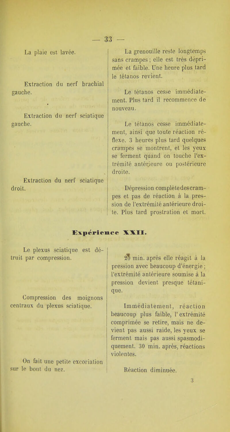 La plaie est lavée. Extraction du nerf brachial gauche. Extraction du nerf sciatique gauche. Extraction du nerf sciatique droit. La grenouille reste longtemps sans crampes ; elle est très dépri- mée et faible. Une heure plus tard le létanos revient. Le tétanos cesse immédiate- ment. Plus tard il recommence de nouveau. Le tétanos cesse immédiate- ment, ainsi que toute réaction ré- flexe. 3 heures plus tard quelques crampes se montrent, et les yeux se ferment quand on touche l'ex- trémité antérjeurc ou postérieure droite. Dépression complétedescram- pes et pas de réaction à la pres- sion de l'extrémité antérieure droi- te. Plus tard prostration et mort. Expérience XXII. Le plexus sciatique est dé- truit par compression. Compression des moignons centraux du plexus sciatique. On fait une petite excoriation sur le bout du nez. 2u min. après elle réagit à la pression avec beaucoup d'énergie ; l'extrémité antérieure soumise à la pression devient presque tétani- que. Immédiatement, réaction beaucoup plus faible, l' extrémité comprimée se retire, mais ne de- vient pas aussi raide, les yeux se ferment mais pas aussi spasmodi- quement. 30 min. après, réactions violentes. Réaction diminuée.