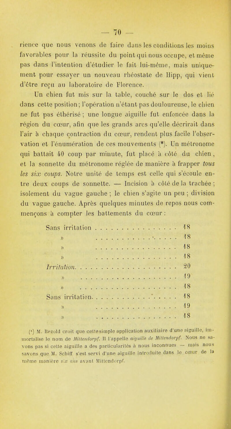 rience que nous venons de faire dans les conditions les moins favorables pour la réussite du point qui nous occupe, et même pas dans l'intention d'étudier le fait lui-même, mais unique- ment pour essayer un nouveau rhéostate de llipp, qui vient d'être reçu au laboratoire de Florence. Un chien fut mis sur la table, couché sur le dos et lié dans celte position ; l'opération n'étant pas douloureuse, le chien ne fut pas éthérisé ; une longue aiguille fut enfoncée dans la région du cœur, afin que les grands arcs qu'elle décrirait dans l'air à chaque contraction du cœur, rendent plus facile l'obser- vation et l'énuméralion de ces mouvements (*). Un métronome qui battait 40 coup par minute, fut placé a côté du chien, et la sonnette du métronome réglée de manière à frapper tous les six coups. Notre unité de temps est celle qui s'écoule en- tre deux coups de sonnette. — Incision à côté de la trachée ; isolement du vague gauche ; le chien s'agite un peu ; division du vague gauche. Après quelques minutes de repos nous com- mençons à compter les battements du cœur: Sans irritation 18 • 18 » 18 18 Irritation 20 19 ,, 18 Sans irritation * 18 19 » 18 (♦) M. Hezold croit que celtesimple application auxiliaire d'une aiguille, im- mortalise le nom de Miltendorpf. Il l'appelle aiguille de Nitlendorpf. Nous ne sa- vons pas si cette aiguille a des particularités a nous inconnues — mais nous savons que M. Schilï s'est servi d'une aiguille introduite dans lo cœur de la môme manière six aits avanl MillcndorpC.