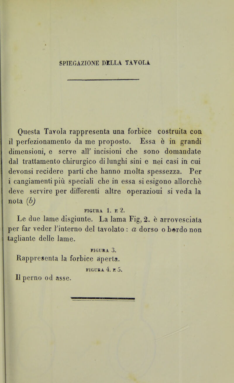 SPIEGAZIONE DELLA TAVOLA Questa Tavola rappresenta una forbice costruita con il perfezionamento da me proposto. Essa è in grandi dimensioni, e serve alb incisioni che sono domandate dal trattamento chirurgico di lunghi sini e nei casi in cui devonsi recidere parti che hanno molta spessezza. Per i cangiamenti più speciali che in essa si esigono allorché deve servire per differenti altre operazioni si veda la nota (b) FIGURA 1. E 2. Le due lame disgiunte. La lama Fig, 2. è arrovesciata per far veder Finterno del tavolato : a dorso o berdo non tagliante delle lame. % FIGURA 3. Rappresenta la forbice aperta. FIGURA 4. E 5. Il perno od asse.