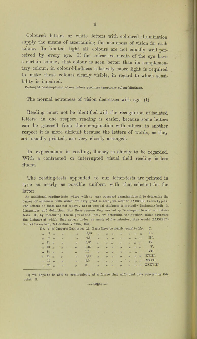 Coloured letters or white letters with coloured illumination supply the means of ascertaining the acuteness of vision for each colour. In limited light all colours are not equally well per- ceived by every eye. If the refractive media of the eye have a certain colour, that colour is seen better than its complemen- tary colour; in colour-blindness relatively more light is required to make those colours clearly visible, in regard to which sensi- bility is impaired. Prolonged contemplation of one colour produces temporary colour-blindness. The normal acuteness of vision decreases with age. (1) Reading must not be identified with the recognition of isolated letters: in one respect reading is easier, because some letters can be guessed from their conjunction with others; in another respect it is more difficult because the letters of words, as they «re usually printed, are very closely arranged. In experiments in reading, fluency is chiefly to be regarded. With a contracted or interrupted visual field reading is less fluent. The reading-tests appended to our letter-tests are printed in type as nearly as possible uniform with that selected, for the latter. As additional reading-tests where with to vary repeated examinations & to determine the degree of acuteness with which ordinary print is seen, we refer to JAEGEES test-types: The letters in these are not square, are of unequal thickness & mutually dissimular both in dimensions and definition. For these reasons they are not quite comparable with our letter- tests. If, by measuring the height of the lines, we determine the number, which expresses the distance at which they appear under au angle of five minutes, then would (JAEGER'S Schriftscalen, 2nd edition Vienna, 1850). No. 1 of Jaeger's Test-types 0,2 Paris lines bo nearly equal to No. I. ,> 6 „ „ „ 0,45 „ „ „ „ „ „ „ II. „ 7 „ » „ o,a „ „ „ „ nr. „ 11 . u „ 0,80 „ „ „ „ „ „ „ IV. ,. 1» „ » ,, 1.15 „ ., » „ „ ., ,. V. „ 14 „ „ 1,5 „ » » „ „ ., .. VII. „ 18 „ „ „ 8,75 „ „ „ „ „ „ „ XVIII. „ 19 „ „ „ 6,8 „ „ „ „ ■ „ „ „ XXVII. „ 20 „ ,. „ 8 „ „ „ „ „ „ „ XXXVIII. (1) We hope to be able to commanioato at a future time additional data concerning this point. S.