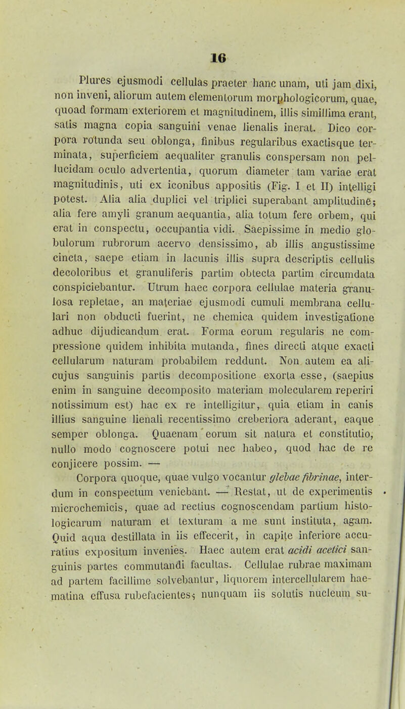 Plures ejusmodi cellulas praeter hanc unam, uli jam dixi, non inveni, aliorum aulem elemenlorum morphologicorum, quae, quoad formam exleriorem el magniludinem, illis simillima eranl, salis mag-na copia sanguini venae lienalis inerai. Dico cor- pora rortunda seu oblonga^ finibus regularibus exactisque ler- minata, superficiem aequaliter granulis conspersam non pel- lucidam oculo advertentia, quorum diameler lam variae erai magnitudinis, uti ex iconibus apposilis (Fig'. I el II) inlelligi potest. Alia alia duplici vel triplici superabant amplitudine; alia fere amyli granum aequantia, alia totum fere orbem, qui erat in conspectu, occupantia vidi. Saepissime in medio glo- bulorum rubrorum acervo densissimo, ab illis angustissime cincta, saepe etiani in lacunis illis supra descriptis cellulis decoloribus et granuliferis partim obtecla partim circumdata conspiciebantur. Utrum haec corpora cellulae materia granu- losa repletac, an lualeriae ejusmodi cumuli membrana cellu- lari non obducli fuerint, ne chemica quidem investigalione adhuc dijudicandum erat. Forma eorum regularis ne com- pressione quidem inhibita mutanda, fines directi atque exacti cellularum naturam probabilem reddunt. Non autem ea ali- cujus sanguinis partis decompositione exorta esse, (saepius enim in sanguine decomposito materiam molecularem reperiri notissimum est) hac ex re intelligitur, quia etiam in canis illius sanguine lienali recenlissimo creberiora aderant, eaque semper oblonga. Quaenam eorum sit natura et constitutio, nullo modo cognoscere potui nec habeo, quod hac de re conjicere possim. — Corpora quoque, quaevulgo vocanlar fflehae fibrinae, inler- dum in conspectum veniebant. —•' Restat, ut de experimentis microchemicis, quae ad rectius cognoscendam partium histo- logicarum naluram et texturam a me sunt inslitula, agam. Quid aqua destillala in iis efTecerit, in capile inferiore accu- ratiiis exposilum invenies. Haec autem erat addi acetici san- guinis partes commutandi facultas. Cellulae rubrae maximam ad partem facillime solvebantur, liquorem interccllularem hac- matina efTusa rubefacienless nunquam iis solutis nucleum su-