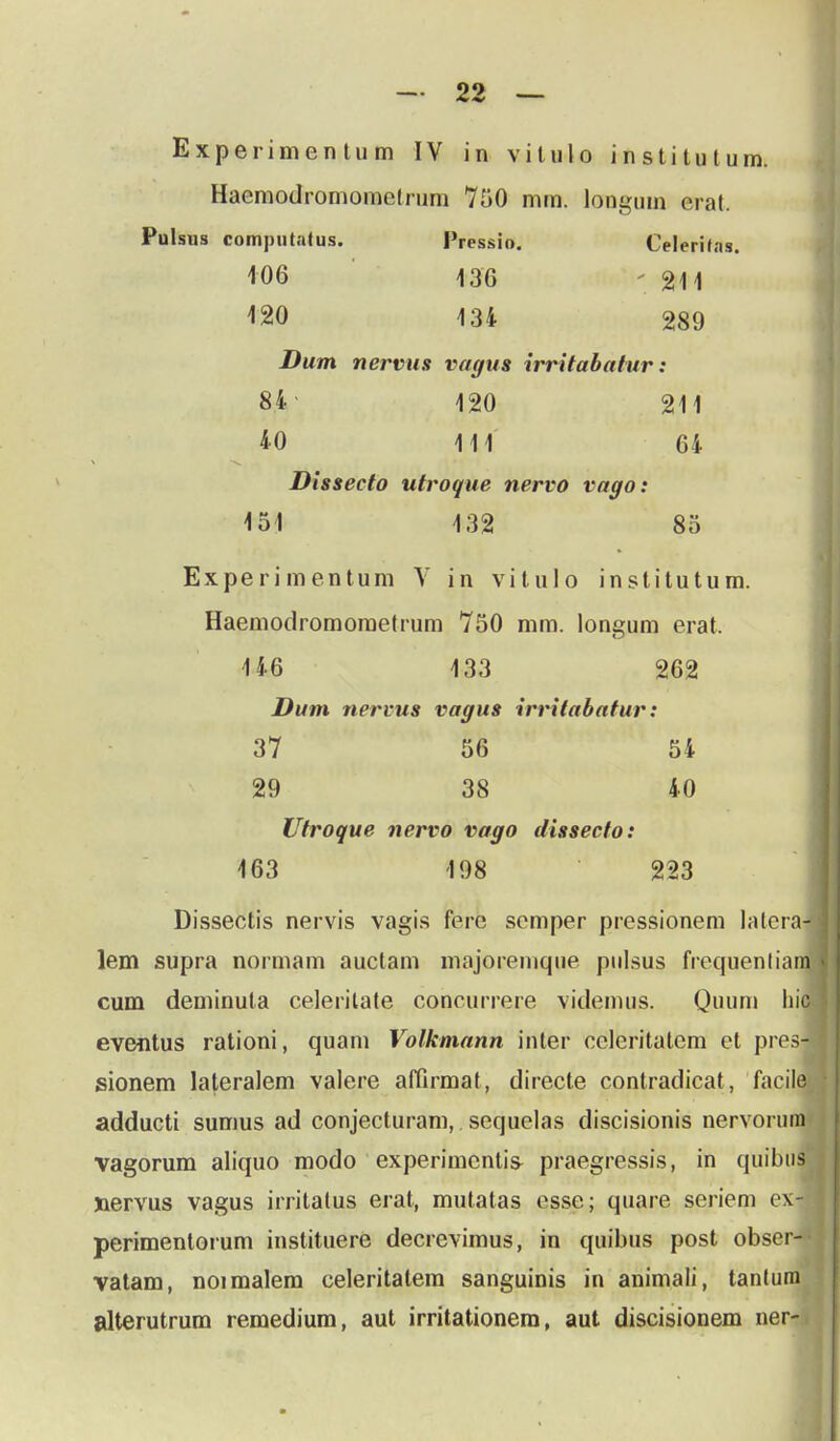 Experimen tum IV in vitulo institutum. Haemodromometrum 750 mm. longum erat. Pulsus computafus. Pressio. Celerilns. 106 1,30 - 2M 120 ri ^ 134 i\ 289 • .■,»■& Dum nervus vagus irritabatur: 84 120 211 40 111 64 Dissecto utroque nervo vago: 151 132 85 Experimentum Y in vitulo inslitutum. Haemodromoraetrum 750 mra. longum erat. 146 133 262 Dum nervus vagus irrifabatur: 37 56 54 29 38 40 Utroque nervo vago dissecto: 163 198 223 Dissectis nervis vagis fere semper pressionem lateral lem supra normam auctam majoremque pnlsus frequentiam cum deminula celeritate concurrere videmus. Quum hic eventus rationi, quara Volkmann inter celeritatem et pres- sionem lateralem valere affirmat, directe contradicat, facile adducti sumus ad conjecturam, sequelas discisionis nervorum- vagorum aliquo modo experimcnlis praegressis, in quibus Xiervus vagus irritatus erat, mutatas esse; quare seriem ex- perimentorum instituere decrevimus, in quibus post obser— vatam, noimalem celeritatem sanguinis in animali, tanturn alterutrum remedium, aut irritationera, aut discisionem ner-