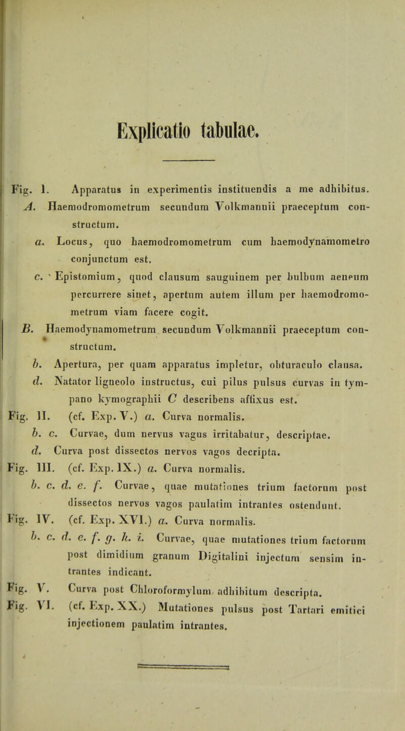 Explicatio tabulae. Fig. 1. Apparatus in experimenlis instituendis a me adhibitus. A. Haemodromometrum secundum Volkmanuii praeceptum con- structum. a. Locus, quo haemodromometrum cum haemodynamometro conjunctum est. c. ' Epistomium, quod clausum sauguinem per hulbum aeupum percurrere siuet, apcrtum autem illum per haemodromo- metrum viam facere cogit. B. Haemodynamometrum secundum Volkmannii praeceptum con- structum. b. Apertura, per quam apparatus impletur, ohturaculo clausa. d. Natator ligneolo iustructus, cui pilus pulsus curvas in fym- pano kymographii C describens aftixus esf. Fig. II. (cf. Exp. V.) a. Curva normalis. b. c. Curvae, dum nervus vagus irritabatur, descriptae. d. Curva post dissectos nervos vagos decripta. Fig. 111. (cf. Exp. IX.) a. Curva normalis. b. c. d. e. f. Curvae, quae mutafiones trium factorum post dissectos nervos vagos paulafim intrantes ostendunt. Pig. IV. (cf. Exp. XVI.) a. Curva normalis. h. c. d. c. f. g. h. I. Curvae, quae mutationcs trium factorum post dimidium granum Digitaliui injectum sensim in- trantes indicant. Pig. V. Curva post Chloroformylum- adhibitum descripta. Fig. VI. (cf. Exp. XX.) Mutationes pulsus post Tartari emitici injectionem paulatim intrantcs.