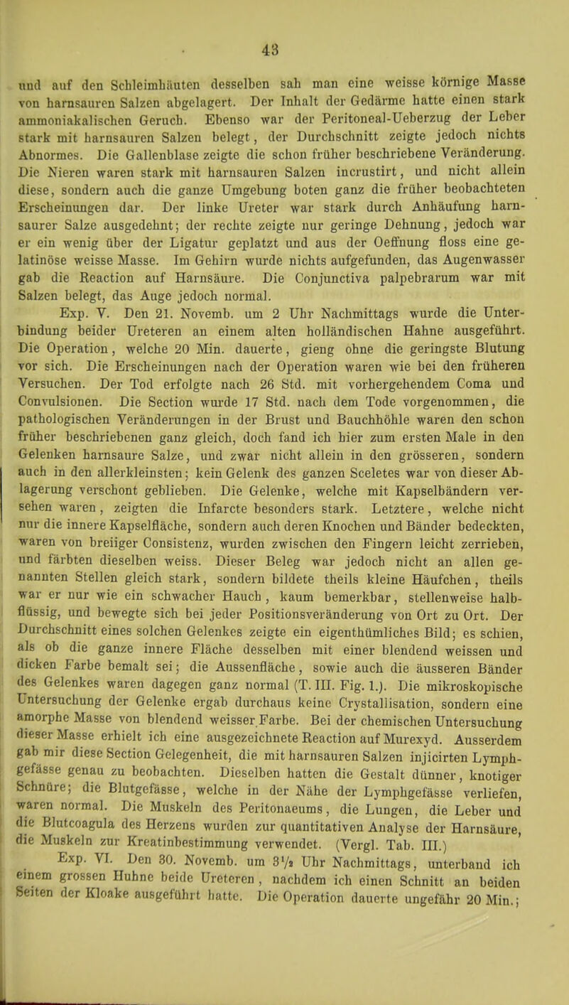 und auf den Schleimhäuten desselben sah man eine weisse körnige Masse von harnsauren Salzen abgelagert. Der Inhalt der Gedärme hatte einen stark ammoniakalischen Geruch. Ebenso war der Peritoneal-Ueberzug der Leber stark mit harnsauren Salzen belegt, der Durchschnitt zeigte jedoch nichts Abnormes. Die Gallenblase zeigte die schon früher beschriebene Veränderung. Die Nieren waren stark mit harnsauren Salzen incrustirt, und nicht allein diese, sondern auch die ganze Umgebung boten ganz die früher beobachteten Erscheinungen dar. Der linke Ureter war stark durch Anhäufung harn- saurer Salze ausgedehnt; der rechte zeigte nur geringe Dehnung, jedoch war er ein wenig über der Ligatur geplatzt und aus der Oeffnung floss eine ge- latinöse weisse Masse. Im Gehirn wurde nichts aufgefunden, das Augenwasser gab die Reaction auf Harnsäure. Die Conjunctiva palpebrarum war mit Salzen belegt, das Auge jedoch normal. Exp. V. Den 21. Novemb. um 2 Uhr Nachmittags wurde die Unter- bindung beider Ureteren an einem alten holländischen Hahne ausgeführt. Die Operation, welche 20 Min. dauerte, gieng ohne die geringste Blutung vor sich. Die Erscheinungen nach der Operation waren wie bei den früheren Versuchen. Der Tod erfolgte nach 26 Std. mit vorhergehendem Coma und Convulsionen. Die Section wurde 17 Std. nach dem Tode vorgenommen, die pathologischen Veränderungen in der Brust und Bauchhöhle waren den schon früher beschriebenen ganz gleich, doch fand ich hier zum ersten Male in den Gelenken harnsaure Salze, und zwar nicht allein in den grösseren, sondern auch in den allerkleinsten; kein Gelenk des ganzen Sceletes war von dieser Ab- lagerung verschont geblieben. Die Gelenke, welche mit Kapselbändern ver- sehen waren, zeigten die Infarcte besonders stark. Letztere, welche nicht nur die innere Kapselfiäche, sondern auch deren Knochen und Bänder bedeckten, waren von breiiger Consistenz, wurden zwischen den Fingern leicht zerrieben, und färbten dieselben weiss. Dieser Beleg war jedoch nicht an allen ge- nannten Stellen gleich stark, sondern bildete theils kleine Häufchen, theils war er nur wie ein schwacher Hauch , kaum bemerkbar, stellenweise halb- flüssig, und bewegte sich bei jeder Positionsveränderung von Ort zu Ort. Der Durchschnitt eines solchen Gelenkes zeigte ein eigenthümliches Bild; es schien, als ob die ganze innere Fläche desselben mit einer blendend weissen und dicken Farbe bemalt sei; die Aussenfläche, sowie auch die äusseren Bänder des Gelenkes waren dagegen ganz normal (T. III. Fig. 1.). Die mikroskopische Untersuchung der Gelenke ergab durchaus keine Crystallisation, sondern eine amorphe Masse von blendend weisser Farbe. Bei der chemischen Untersuchung dieser Masse erhielt ich eine ausgezeichnete Reaction auf Murexyd. Ausserdem gab mir diese Section Gelegenheit, die mit harnsauren Salzen injicirten Lymph- gefässe genau zu beobachten. Dieselben hatten die Gestalt dünner, knotiger Schnüre; die Blutgefässe, welche in der Nähe der Lymphgefässe verliefen, waren normal. Die Muskeln des Peritonaeums, die Lungen, die Leber und die Blutcoagula des Herzens wurden zur quantitativen Analyse der Harnsäure, die Muskeln zur Kreatinbestimmung verwendet. (Vergl. Tab. III.) Exp. VI. Den 30. Novemb. um 31/! Uhr Nachmittags, unterband ich emem grossen Huhne beide Ureteren , nachdem ich einen Schnitt an beiden Seiten der Kloake ausgeführt hatte. Die Operation dauerte ungefähr 20 Min ;