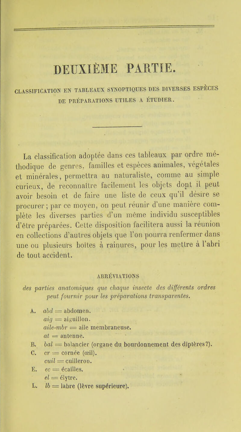 DEUXIÈME PARTIE. CLASSIFICATION EN TABLEAUX SYNOPTIQUES DES DIVERSES ESPÈCES DE PRÉPARATIONS UTILES A ÉTUDIER. La classification adoptée dans ces tableaux par ordre mé- thodique de genres, familles et espèces animales, végétales et minérales, permettra au naturaliste, comme au simple curieux, de reconnaître facilement les objets dont il peut avoir besoin et de faire une liste de ceux qu'il désire se procurer ; par ce moyen, on peut réunir d'une manière com- plète les diverses parties d'un même individu susceptibles d'être préparées. Cette disposition facilitera aussi la réunion en collections d'autres objets que l'on pourra renfermer dans une ou plusieurs boîtes à rainures, pour les mettre à l'abri de tout accident. ABRÉVIATIONS des parties anatomiques que chaque insecte des différents ordres peut fournir pour les préparations transparentes, A. abd = abdomen. aig = aiiiuillon. aile-mbr = aile membraneuse. at = antenne. B. bal = balancier (organe du bourdonnement des diptères?). C. cr — cornée (œil). cuil — cuilleron. E. ec = écailles. el = élytre. L. Ib = labre (lèvre supérieure).