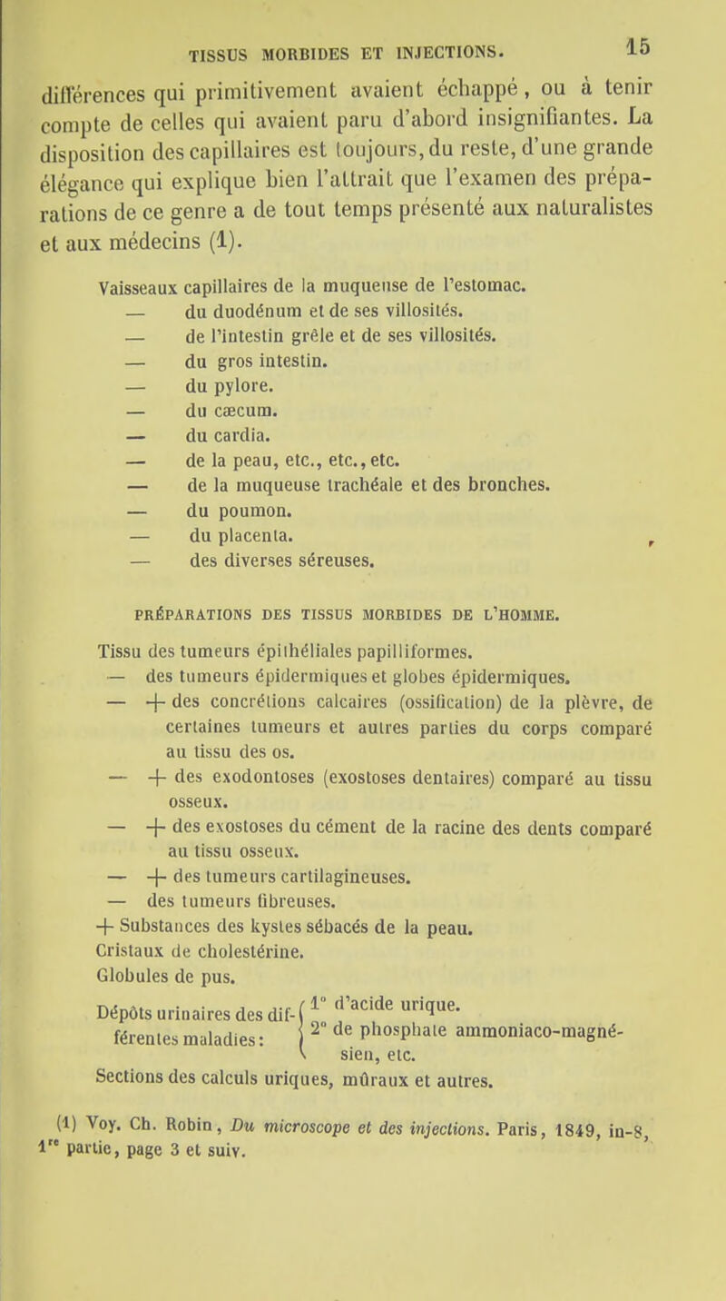 TISSUS MORBIDES ET INJECTIONS. 10 dilVérences qui primitivement avaient échappé, ou à tenir compte de celles qui avaient paru d'abord insignifiantes. La disposition des capillaires est toujours, du reste, d'une grande élégance qui explique bien l'attrait que l'examen des prépa- rations de ce genre a de tout temps présenté aux naturalistes et aux médecins (1). Vaisseaux capillaires de la muqueuse de l'estomac. — du duodénum et de ses villosilés. — de l'intestin grêle et de ses villosilés. — du gros intestin. — du pylore. — du caecum. — du cardia. — de la peau, etc., etc.,etc. — de la muqueuse trachéale et des bronches. — du poumon. — du placenta. , — des diverses séreuses. PRÉPARATIONS DES TISSUS MORBIDES DE L'HOMME. Tissu des tumeurs épiihéliales papilliformes. — des tumeurs épidermiques et globes épidermiques. — -f des concrétions calcaires (ossification) de la plèvre, de certaines tumeurs et autres parties du corps comparé au tissu des os. — + des exodontoses (exostoses dentaires) comparé au tissu osseux. — -j- des exostoses du cément de la racine des dents comparé au tissu osseux. — + des tumeurs cartilagineuses. — des tumeurs fibreuses. + Substances des kystes sébacés de la peau. Cristaux de cholestérine. Globules de pus. Dépôtsurinairesdesdif-(^ 1'- férenles maladies : Phosphate ammoniaco-magné- \ sien, etc. Sections des calculs uriques, mûraux et autres. (1) Voy. Ch. Robin, Du microscope et des injections. Paris, 1849, in-8 1 partie, page 3 et suiv.