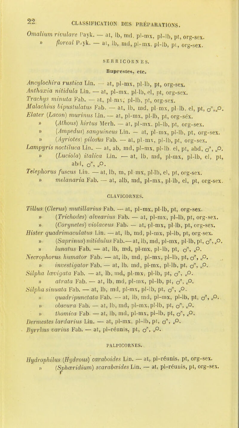 Omalium rivulare l'ayk. — al, Ib, m\. pl-mx, pl-lb, pt, org-sex. » floréal P„yk. — al, Ib, md, pl-mx, pl-lb, pi, oig-sex. SERRICORN ES. Buprestes, etc. Ancylochira rustica Lin. at, pl-mx, pl-lb, pt, org-sex. Anthaxia nitidula Lin. — at, pl-mx. pl-lb, el, pt, org-sex. Trachys minuta Fab. — at, pl mx, pl-lb, pt, org-sex. Malachius bipustulatus Fab. — at, Ib, md, pl mx, pl-lb. el, pt, cr,P- Elater (Lacon) murinus Un. — at, pl-mx, pl-lb, pt, org-séx. » {Athous) hirtus Merh. — at, pl-mx. pl-lb, pt, org-sex. » {Ampedus) sanguineus Lin. — at, pl-mx, pl-lb, pt, org-sex. » [Ayriotes) pilosus Fab. — al, pl-mx, pl-lb, pt, org-sex. Lampyris noctiluca Lin. — al, ab, md, pl-mx, pl-lb. el, pl, abd, çf, p. » (Luciola) italica Lin. — at, Ib, md, pl-mx, pl-lb, el, pl, abd, cT, p. Telephorus fuscus Lin. — al, Ib, m, pl mx, pl-lb, el, pt, org-sex. » melanaria Fab. — at, alb, md, pl-mx, pl-lb, el, pl, org-sex. CLAVICORNES. Tillus (Clerus) mutillarius Fab. — at, pl-mx, pl-lb, pt, org-sex. » [Trichodes) alvearius Fab. — at, pl-mx, pl-lb, pt, org-sex. » (Corynetes) violaceus Fab. — al, pl-mx, pl-lb, pt, org-sex. Hister quadrimaculatus Lin, —at, Ib, md, pl-mx, pl-lb, pt, org-sex. » {Saprinus) nitidulus Fab.—al, Ib, md, pl-mx, pl-lb, pt, çf, p. » lunatus Fab. — at, Ib, md, pl-mx, pl-lb, pt, (f, p. Necrophorus humator Fab. — at, Ib, md, pl-mx, pl-lb, pt, <fj p. » investigator Fab. — al, Ib, md, pl-mx, pl-lb, pt, (f, p. Silpha lœvigata Fab. —al, Ib, ind, pl-mx, pl-lb, pt, cf, p. » atrata Fab. — al, Ib, md, pl-iiix, pl-lb, pl, (f, p. Silphasinuata Fab. — al, Ib, md, pl-mx, pl-lb, pt, (f, p. » quadripunctata Fab. — al, Ib, md, pl-mx, pl-lb, pt, (f, p. » obscura Fab. — al, Ib, md, pl-mx, pl-lb, pl, çf, p. » thomica Fab. — al, Ib, md, pl-mx, pl-lb, pt, cf, p. Dermestes lardarius Lin. — at, pl-mx. pl-lb, pt, (f, p. Byrrhus varius Fab. — al, pl-rénnis, pt, (f, p. PALriCORNES. Hydrophilus {Hydrous) caraboides Lin. — at, pl-réunis, pt, org-sex. » {Sphceridium) scarabœides Lin. — al, pl-réuuis, pl, org-sex.