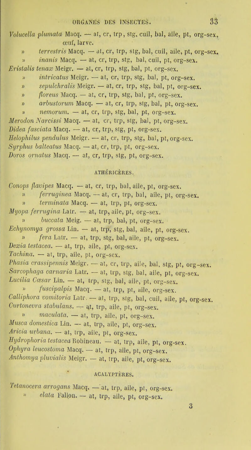Volucella plumata Macq. — at, cr, trp, stg, cuil, bal, aile, pt, org-sex, œiif, larve. » terrestris Macq. — al, cr, trp, sig, bal, cuil, aile, pt, org-sex. M inanis Macq. — at, cr, Irp, st?, bai, cuil, pt, org-sex. Eristalis tenax Meigr. — at, cr, trp, stg, bal, pt, org-sex. » intricatus Meigr, — at, cr, trp, stg, bal, pt, org-sex. » sepulchralis Meigr. — at, cr, trp, stg, bal, pt, oig-sex. » floreus Macq, — at, cr, Irp, stg, bal, pt, org-sex. » arbustorum Macq, — at, cr, trp, stg, bal, pt, org-sex. » neinorum. — at, cr, trp, stg, bal, pt, oig-sex. Merodon Narcissi Macq, — at, cr, trp, sig, bal, pt, org-sex, Didea fasciata Macq. — at, cr, trp, sig, pt, org-sex, Helophilus pendulus Meigr. — at, cr. trp, sig, bal, pt, org-sex. Syrphus balteatus Macq. — at, cr, trp, pt, org-sex. Doros ormtm Macq. — at, cr, trp, stg, pt, org-sex. ATHÉRICÈRES. Conops jlavipes Macq. — at, cr, trp, bal, aile, pt, org-sex. » ferruginea Macq. — at, cr, trp, bal, aile, pt, org-sex. » terminata Macq. — at, trp, pt, org-sex. Myopa ferrugina Lalr. — at, trp, aile, pt, org-sex. » buccata Meig. — at, trp, bal, pt, org-sex. Echynomya grossa Lin. — at, trp, stg, bal, aile, pt, org-sex. » fera Lalr. — at, trp, stg, bal, aile, pt, org-sex. Dexia testacea. — at, trp, aile, pt, org-sex. Tachina. — al, trp, aile, pt, org-sex. Phasia crassipennis Meigr. — at, cr, trp, aile, bal. stg, pt, org-sex. Sarcophaga carnaria Latr. — at, trp, stg, bal, aile, pt, org-sex. Liicilia Cœsar Lin. — at, trp, stg, bal, aile, pt, org-sex. » fuscipalpis Macq. — at, trp, pt, aile, org-sex. Calliphora vomitoria Latr, — at, trp, sig, bal, cuil, aile, pt, org-sex. Curtonevra stabulans. — ^t, trp, aile, pt, org-sex. » maculata. — at, trp, aile, pt, org-sex. Musca domestica Lin. — at, trp, aile, pt, org-sex. Aricia urbana. — at, trp, aile, pt, org-sex. Hydrophoria testacea IXobiaeaa. — at, trp, aile, pt, org-sex. Ophyra leucostoma Macq. — at, trp, aile, pt, org-sex. Anthomya pluvialis Meigr. — at, trp, aile, pt, org-sex. ACALYPTÈRES. Tetanocera arrogans Macq. — at, irp, aile, pt, org-sex. >' elala Fall.on. — at, trp, aile, pt, org-sex. 3