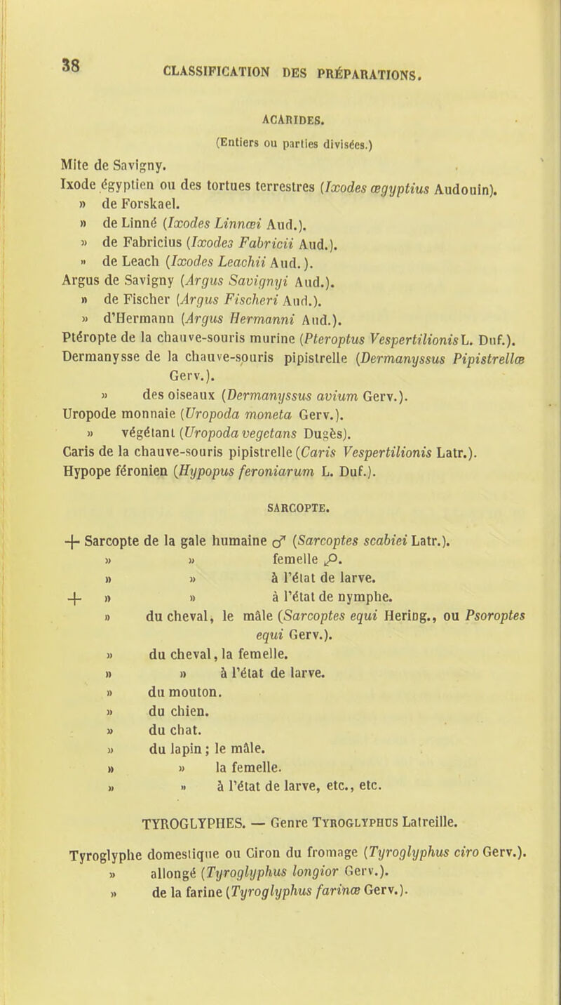S8 CLASSIFICATION DES PRÉPARATIONS. ACAniDES. (Entiers ou parties divisées.) Mite de Snvigny. Ixode égyptien ou des tortues terrestres {Jxodes œgyptius Audouln). » de Forskael. » de Linné {Ixodes Linnœi Aud.). » de Fabricius {Ixodes Fabricii Aud.). >> de Leach [Ixodes Leachii Aud.). Argus de Savigny {Argus Savignyi Aud.). » de Fischer {Argus Fischeri Aiid.). » d'Hermann {Argus Hermanni Aud.). Ptéropte de la chauve-souris murine {Pteroptus VespertiUonisL. Dnf.). Dermanysse de la chauve-souris pipistrelle {Dermanyssus Pipistrellœ Gerv.). » des oiseaux {Dermanyssus avîum Gerv.). Uropode monnaie {Uropoda moneta Gerv.). » yégéianl {Uropoda vegeta7is Dugès). Caris de la chauve-souris pipistrelle (Cans Vespertilionis Latr.). Hypope féronien {Hypopus feroniarum L. Duf.). SARCOPTE. + Sarcopte de la gale humaine cf {Sarcoptes scabiei Latr.). » M femelle p. » » à l'état de larve, -j- » » à l'état de nymphe. » du cheval, le mâle {Sarcoptes equi Hering., ou Psoroptes equi Gerv.). » du cheval, la femelle. » » à l'état de larve. » du mouton. » du chien. » du chat. M du lapin ; le mâle. » « la femelle. » » à l'état de larve, etc., etc. TYROGLYPHES. — Genre Tyroglyphds Lalreille. Tyroglyphe domestique ou Ciron du fromage {Tyroglyphus ciro Gerv.). » allongé {Tyroglyphus longior Gerv.). » de la farine {Tyroglyphus farinœ Gerv.).