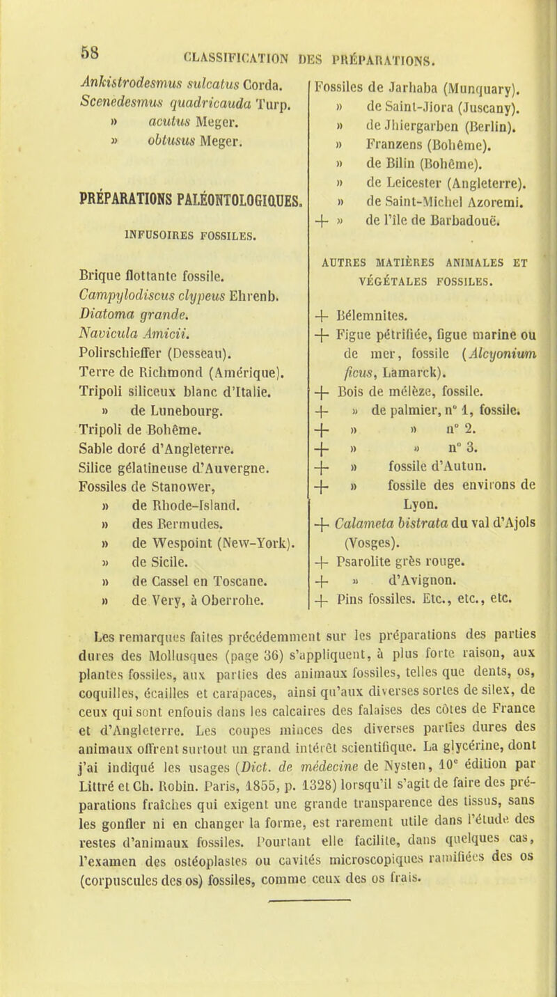 Ankistrodesmus sulcatus Corda. Scenedesmus quadricauda Turp. » acutus Meger. » obtusus Meger. PRÉPARATIONS PAlÉONTOLOGIttOES. INFUSOIRES FOSSILES. Brique flottante fossile. Camprjlodiscus clypeus Ehrenb. Diatoma grande. Navicula Amicii. Polirscliieffer (Desseau). Terre de Richmond (Amérique). Tripoli siliceux blanc d'Italie. » de Lunebourg. Tripoli de Bohème. Sable doré d'Angleterre. Silice gélatineuse d'Auvergne. Fossiles de Stanower, de Rhode-Island. des Bermudes, de Wespoint (New-York), de Sicile. de Cassel en Toscane, de Very, à Oberrolie. » » Fossiles de Jarliaba (Munquary). » de Saint-Jiora (Juscany). » de Jliiergarbcn (Berlin). » Franzens (Bohême). » de Bilin (Bohôme). » de Leicesler (Angleterre). » de Saint-Michel Azoremi. -f- » de l'île de Barbadouê. AUTRES MATIÈRES ANIMALES ET VÉGÉTALES FOSSILES. + Bélemnites. -\- Figue pétrifiée, figue marine ou de mer, fossile {Alcyoniwn ficus, Lamarck). -j- Bois de mélèze, fossile. -|- » de palmier, n 1, fossile. -}- 1) » n° 2. -j- » « n° 3. -j- » fossile d'Autun. ■\- » fossile des enviions de Lyon. + Calameta bistrata du val d'Ajols (Vosges). + Psarolite grès rouge. -}-  d'Avignon. 4- Pins fossiles. Etc., etc., etc. Les remarques failes précédemment sur les préparations des parties dures des Mollusques (page 36) s'appliquent, à plus foitc raison, aux plantes fossiles, aux parties des animaux fossiles, telles que dents, os, coquilles, écailles et carapaces, ainsi qu'aux diverses sortes de silex, de ceux qui sont enfouis dans les calcaires des falaises des côtes de France et d'Angleterre. Les coupes minces des diverses parties dures des animaux offrent surtout un grand intérêt scientifique. La glycérine, dont j'ai indiqué les usages {Dict. de médecine de Nysten, 10 édition par Littré et Ch. Robin. Paris, 1855, p. 1328) lorsqu'il s'agit de faire des pré- parations fraîches qui exigent une grande transparence des tissus, sans les gonfler ni en changer la forme, est rarement utile dans l'étude des restes d'animaux fossiles. Pourtant elle facilite, dans quelques cas, l'examen des ostéoplasles ou cavités microscopiques ramifiées des os (corpuscules des os) fossiles, comme ceux des os frais.