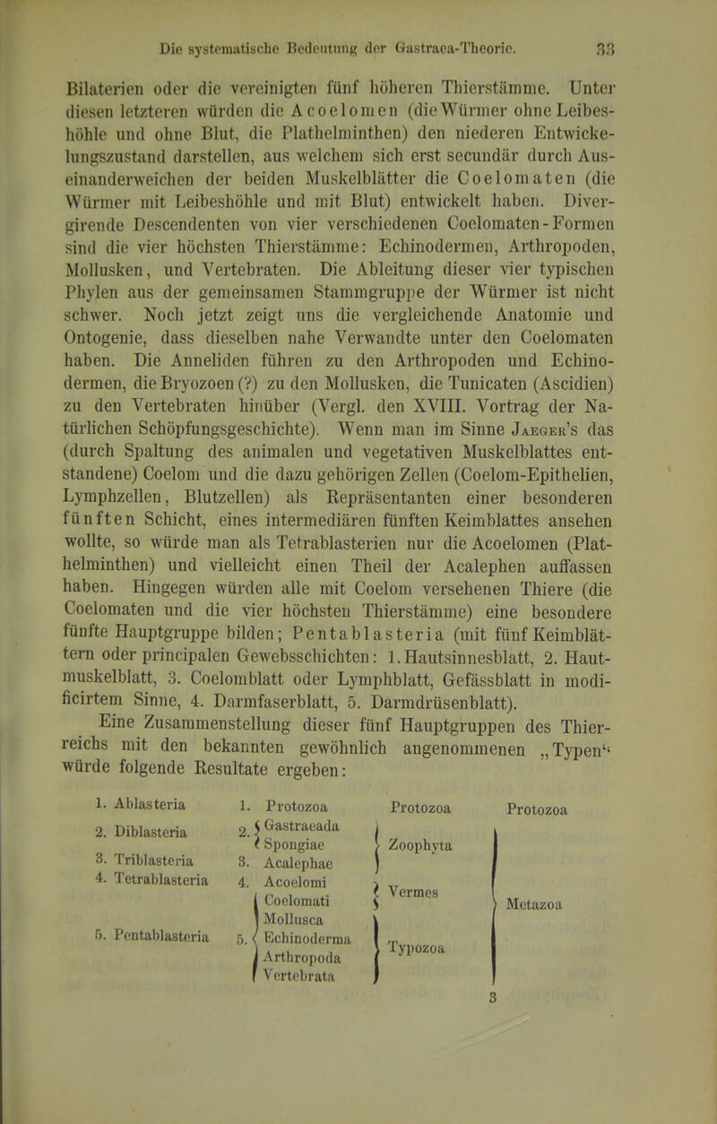 Bilaterioii oder dio vereinigten fünf höheren Thierstämme. Unter iliesen letzteren würden die Acoelonien (die Würmer ohne Leibes- höhle und ohne Blut, die Plathelniinthen) den niederen Entwicke- lungszustand darstellen, aus welchem sich erst secundär durch Aus- einanderweichen der beiden Muskelblätter die Coelomaten (die Würmer mit Leibeshöhle und mit Blut) entwickelt haben. Diver- girende Descendenten von vier verschiedenen Coelomaten-Formen sind die vier höchsten Thierstämme: Echinodermen, Arthropoden, Mollusken, und Vertebraten. Die Ableitung dieser vier typischen Phylen aus der gemeinsamen Stammgruppe der Würmer ist nicht schwer. Noch jetzt zeigt uns die vergleichende Anatomie und Ontogenie, dass dieselben nahe Verwandte unter den Coelomaten haben. Die Anneliden führen zu den Arthropoden und Echino- dermen, die Bryozoen (?) zu den Mollusken, die Tunicaten (Ascidien) zu den Vertebraten hinüber (Vergl. den XVIIL Vortrag der Na- türlichen Schöpfungsgeschichte). Wenn man im Sinne Jaeger's das (durch Spaltung des animalen und vegetativen Muskelblattes ent- standene) Coelom und die dazu gehörigen Zellen (Coelom-Epithelien, Lymphzellen, Blutzellen) als Repräsentanten einer besonderen fünften Schicht, eines intermediären fünften Keimblattes ansehen wollte, so würde man als Tetrablasterien nur die Acoelomen (Plat- helminthen) und vielleicht einen Theil der Acalephen auffassen haben. Hingegen würden alle mit Coelom versehenen Thiere (die Coelomaten und die vier höchsten Thierstämme) eine besondere fünfte Hauptgruppe bilden; Pentablasteria (mit fünf Keimblät- tern oder principalen Gewebsschichten: 1. Hautsinnesblatt, 2. Haut- muskelblatt, 3. Coelomblatt oder Lymphblatt, Gefässblatt in modi- ficirtem Sinne, 4. Darmfaserblatt, 5. Darmdrüsenblatt). Eine Zusammenstellung dieser fünf Hauptgruppen des Thier- reichs mit den bekannten gewöhnlich angenommenen „Typen'' würde folgende Resultate ergeben: 1. Abiasteria 2. Diblasteria 3. Triblasteria 4. Tctrablasteria 5. Pentablasteria 1. Protozoa 2 5 Gastraeada f Spongiac 3. Acalephac 4. Acoelomi Coclomati Mollusca Echinoderma Arthropoda Vcrtebrata Protozoa I Zoophyta ^ Vermes , Typozoa Protozoa Mctazoa 3