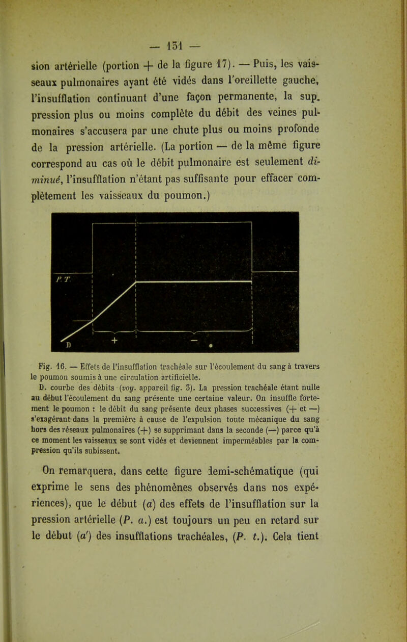 — 151 — sion artérielle (portion + de la figure 47). — Puis, les vais- seaux pulmonaires ayant été vidés dans l'oreillette gauche, l'insufflation continuant d'une façon permanente, la sup. pression plus ou moins complète du débit des veines pul- monaires s'accusera par une chute plus ou moins profonde de la pression artérielle. (La portion — de la même figure correspond au cas où le débit pulmonaire est seulement di- minué, l'insufflation n'étant pas suffisante pour effacer com- plètement les vaisseaux du poumon.) Fig. 16. — Effets de l'insufflation trachéale sur l'écoulement du sang à travers le poumon soumis à une circulation artificielle. D. courbe des débits (voy. appareil fig. 3). La pression trachéale étant nulle au début l'écoulement du sang présente une certaine valeur. On insuffle forte- ment le poumon : le débit du sang présente deux phases successives (+ et —) s'exagérant dans la première à cause de l'expulsion toute mécanique du sang hors des réseaux pulmonaires (-f-) se supprimant dans la seconde (—) parce qu'à ce moment les vaisseaux se sont vidés et deviennent imperméables par la com- pression qu'ils subissent. On remarquera, dans cette figure iemi-schématique (qui exprime le sens des phénomènes observés dans nos expé- riences), que le début (a) des effets de l'insufflation sur la pression artérielle (P. a.) est toujours un peu en retard sur le début (a') des insufflations trachéales, (P. t.). Cela tient