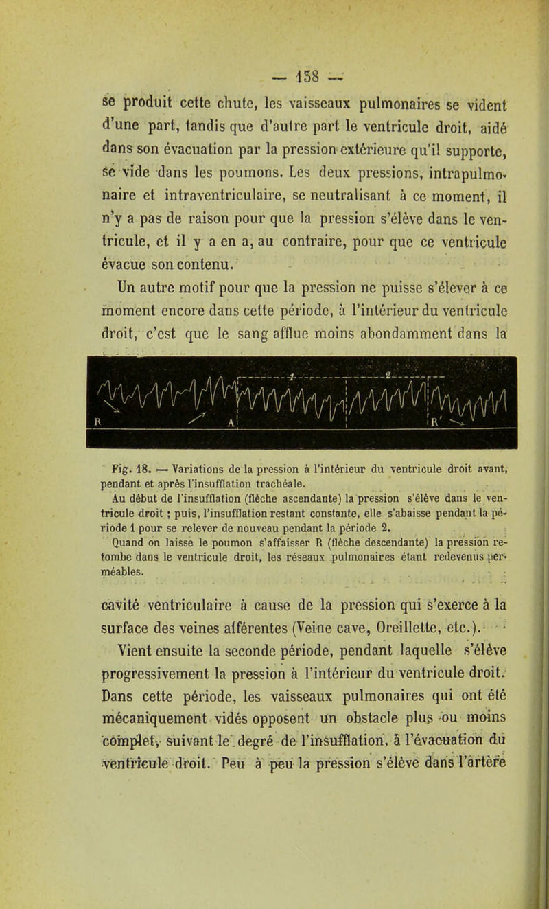 ~ 158 ^ se produit cette chute, les vaisseaux pulmonaires se vident d'une part, tandis que d'autre part le ventricule droit, aidé dans son évacuation par la pression extérieure qu'il supporte, éè vide dans les poumons. Les deux pressions, intrapulmo- naire et intraventriculaire, se neutralisant à ce moment, il n'y a pas de raison pour que la pression s'élève dans le ven- tricule, et il y a en a, au contraire, pour que ce ventricule évacue son contenu. Un autre motif pour que la pression ne puisse s'élever à ce moment encore dans celte période, à l'intérieur du venfricule droit, c'est que le sang afflue moins abondamment dans la H y Al Fig:. 18. — Variations de la pression à l'intérieur du ventricule droit avant, pendant et après l'insufflation trachéale. Au début de l'insufflation (flèche ascendante) la pression s'élève dans le ven- tricule droit ; puis, l'insufflation restant constante, elle s'abaisse pendant la pé- riode 1 pour se relever de nouveau pendant la période 2. Quand on laisse le poumon s'affaisser R (flèche descendante) la pression re- tombe dans le ventricule droit, les réseaux pulmonaires étant redevenus per- méables. cavité ventriculaire à cause de la pression qui s'exerce à la surface des veines alférentes (Veine cave, Oreillette, etc.). Vient ensuite la seconde période, pendant laquelle s'élève progressivement la pression à l'intérieur du ventricule droit. Dans cette période, les vaisseaux pulmonaires qui ont été mécaniquement vidés opposent un obstacle plus bu moins côrnpiet, suivant le . degré de l'insufflation, a l'évacuation du •ventricule droit. Peu à peu la pression s'élève dans l'artère