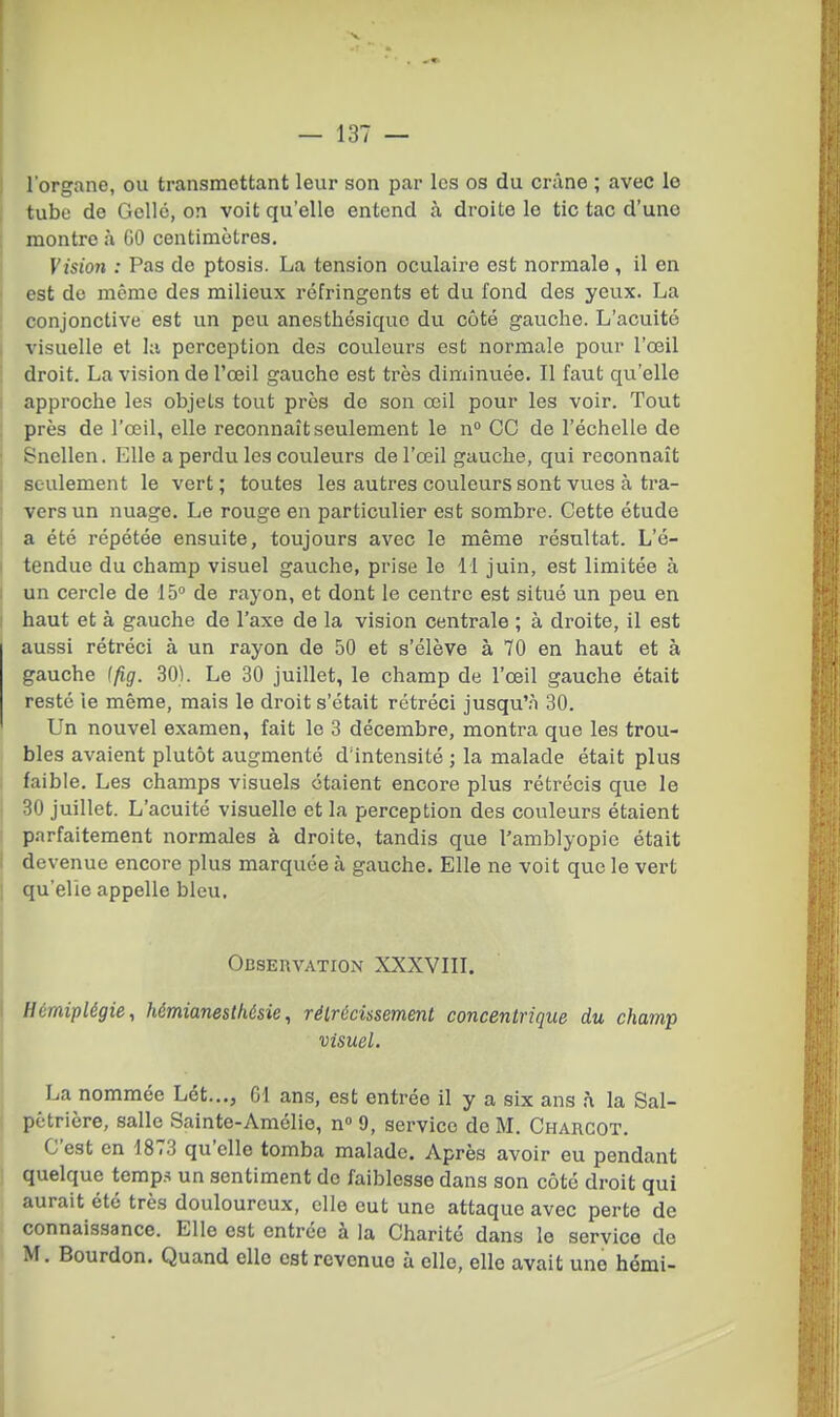 lorgane, ou transmettant leur son par les os du crâne ; avec le ; tube de Gellé, on voit qu'elle entend à droite le tic tac d'une montre à GO centimètres. Vision : Pas de ptosis. La tension oculaire est normale , il en est de même des milieux réfringents et du fond des yeux. La conjonctive est un peu anesthésique du côté gauche. L'acuité visuelle et la perception des couleurs est normale pour l'œil i droit. La vision de l'œil gauche est très diminviée. Il faut qu'elle I approche les objets tout près de son œil pour les voir. Tout ; près de l'œil, elle reconnaît seulement le n CC de l'échelle de Snellen. Elle a perdu les couleurs de l'œil gauche, qui reconnaît seulement le vert; toutes les autres couleurs sont vues à tra- vers un nuage. Le rouge en particulier est sombre. Cette étude I a été répétée ensuite, toujours avec le même résultat. L'é- tendue du champ visuel gauche, prise le 11 juin, est limitée à un cercle de 15° de rayon, et dont le centre est situé un peu en haut et à gauche de l'axe de la vision centrale ; à droite, il est aussi rétréci à un rayon de 50 et s'élève à 70 en haut et à gauche (fig. 30). Le 30 juillet, le champ de l'œil gauche était resté le même, mais le droit s'était rétréci jusqu'à 30. Un nouvel examen, fait le 3 décembre, montra que les trou- bles avaient plutôt augmenté d^ntensité ; la malade était plus I faible. Les champs visuels étaient encore plus rétrécis que le j 30 juillet. L'acuité visuelle et la perception des couleurs étaient I parfaitement normales à droite, tandis que l'amblyopie était I devenue encore plus marquée à gauche. Elle ne voit que le vert qu'elle appelle bleu. Observation XXXVIIL Hémiplégie, hémianesthésie, rétrécissement concentrique du champ visuel. La nommée Lét..., 61 ans, est entrée il y a six ans à la Sal- ( pétrière, salle Sainte-Amélie, n 9, service de M. Chargot. C'est en 1873 qu'elle tomba malade. Après avoir eu pendant quelque temps un sentiment de faiblesse dans son côté droit qui aurait été très douloureux, elle eut une attaque avec perte de connaissance. Elle est entrée à la Charité dans le service de M. Bourdon. Quand elle est revenue à elle, elle avait une hémi-