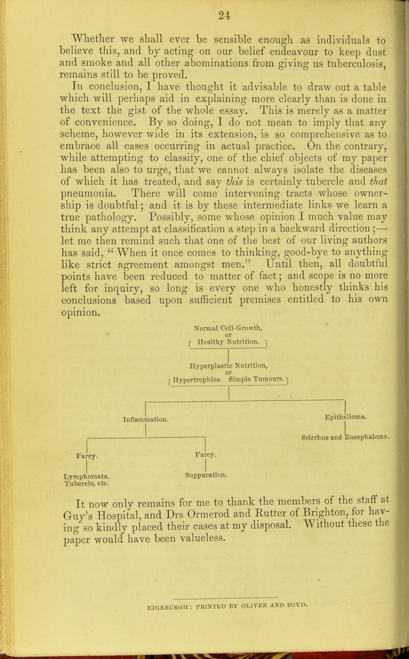 Whether we shall ever be sensible enough as individuals to believe this, and by acting on our belief endeavour to keep dust and smoke and all other abominations from giving us tuberculosis, remains still to be proved. In conclusion, I have thought it advisable to draw out a table which will perhaps aid in explaining more clearly than is done in the text the gist of the whole essay. This is merely as a matter of convenience. By so doing, I do not mean to imply that any scheme, however wide in its extension, is so comprehensive as to embrace all cases occurring in actual practice. On the contrary, while attempting to classify, one of the chief objects of my paper has been also to urge, that we cannot always isolate the diseases of which it has treated, and say this is certainly tubercle and that pneumonia. There will come intervening tracts whose owner- ship is doubtful; and it is by these intermediate links we learn a true pathology. Possibly, some whose opinion I much value may think any attempt at classitication a step in a backward direction ;— let me then remind such that one of the best of our living authors has said,  When it once comes to thinking, good-bye to anything like strict agreement amongst men. Until then, all doubtful points have been reduced to matter of fact; and scope is no more left for inquiry, so long is every one who honestly thinks his conclusions based upon sufficient premises entitled to his own opinion. Normal Cell-Growth, or (■ Healthy Nutrition. ^ I Hyperplastic Nutrition, or f Hypertrophies. Simple Tumours. | Inflammation. Epithelioma. - 1 Scirrhus and Encephalomn. Farcy. Farcy. Lymphomata. Suppuration. Tubercle, etc. It now only remains for me to thank the members of the staff at Guy's Hospital, and Drs Ormerod and Butter of Brighton, for hav- ing so kindly placed their cases at my disposal. Without these the paper would have been valueless. EDINBURGH: PRINTED I1V OLIVER AND BOYD.