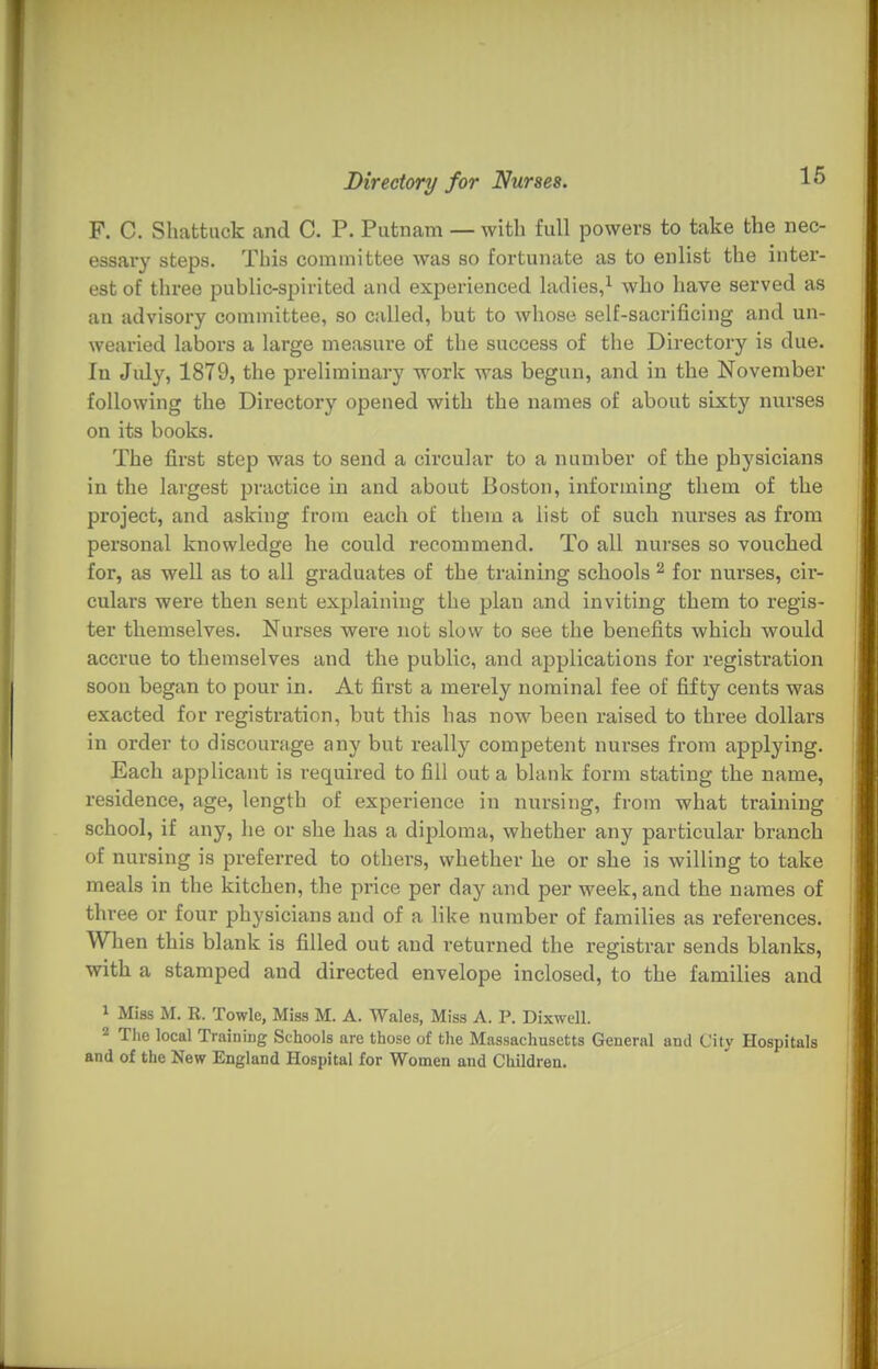16 F. C. Shattuck and C. P. Putnam — with full powers to take the nec- essary steps. This committee was so fortunate as to enlist the inter- est of three public-spirited and experienced ladies,^ who have served as an advisory committee, so called, but to whose self-sacrificing and un- wearied labors a large measure of the success of the Directory is due. In Jidy, 1879, the preliminary work was begun, and in the November following the Directory opened with the names of about sixty nurses on its books. The first step was to send a circular to a number of the physicians in the largest practice in and about Boston, informing them of the project, and asking from each of them a list of such nm'ses as from personal knowledge he could recommend. To all nui-ses so vouched for, as well as to all graduates of the training schools ^ for nurses, cir- culars were then sent explaining the plan and inviting them to regis- ter themselves. Nurses were not slow to see the benefits which would accrue to themselves and the public, and applications for registration soon began to pour in. At first a merely nominal fee of fifty cents was exacted for registration, but this has now been raised to three dollars in order to discourage any but really competent nurses from applying. Each applicant is required to fill out a blank form stating the name, residence, age, length of experience in nursing, from what training school, if any, he or she has a diploma, whether any particular branch of nursing is preferred to othei's, whether he or she is willing to take meals in the kitchen, the price per day and per week, and the names of three or four physicians and of a like number of families as references. When this blank is filled out and returned the registrar sends blanks, with a stamped and directed envelope inclosed, to the families and 1 Miss M. R. Towle, Miss M. A. Wales, Miss A. P. Dixwell. ^ The local Training Schools are those of the Massachusetts General and City Hospitals and of the New England Hospital for Women and Children.