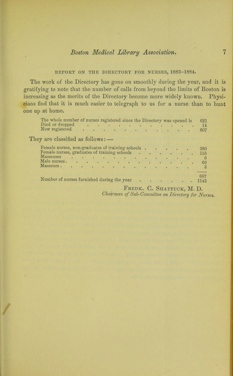 REPOKT ON THE DIRECTORY FOR NURSES, 1883-1884. The work of the Directory has gone on smoothly during the year, and it is gratifying to note that the number of calls from beyond the limits of Boston is increasing as the merits of the Directory become more widely known. Physi- cians find that it is much easier to telegraph to us for a nurse than to hunt one up at home. The whole number of nurses registered since the Directory was opened is 621 Died or dropped IJ. Now registered 607 They are classified as follows: — Female nurses, non-graduates of training schools 380 Female nurses, graduates of training schools 155 Masseuses g Male nurses gQ Masseurs 3 GOT Number of nurses furnished during the year 1143 Fredk. C. SnATTucK, M. D. Chairman of Suh-Committee on Directory for Nurses.