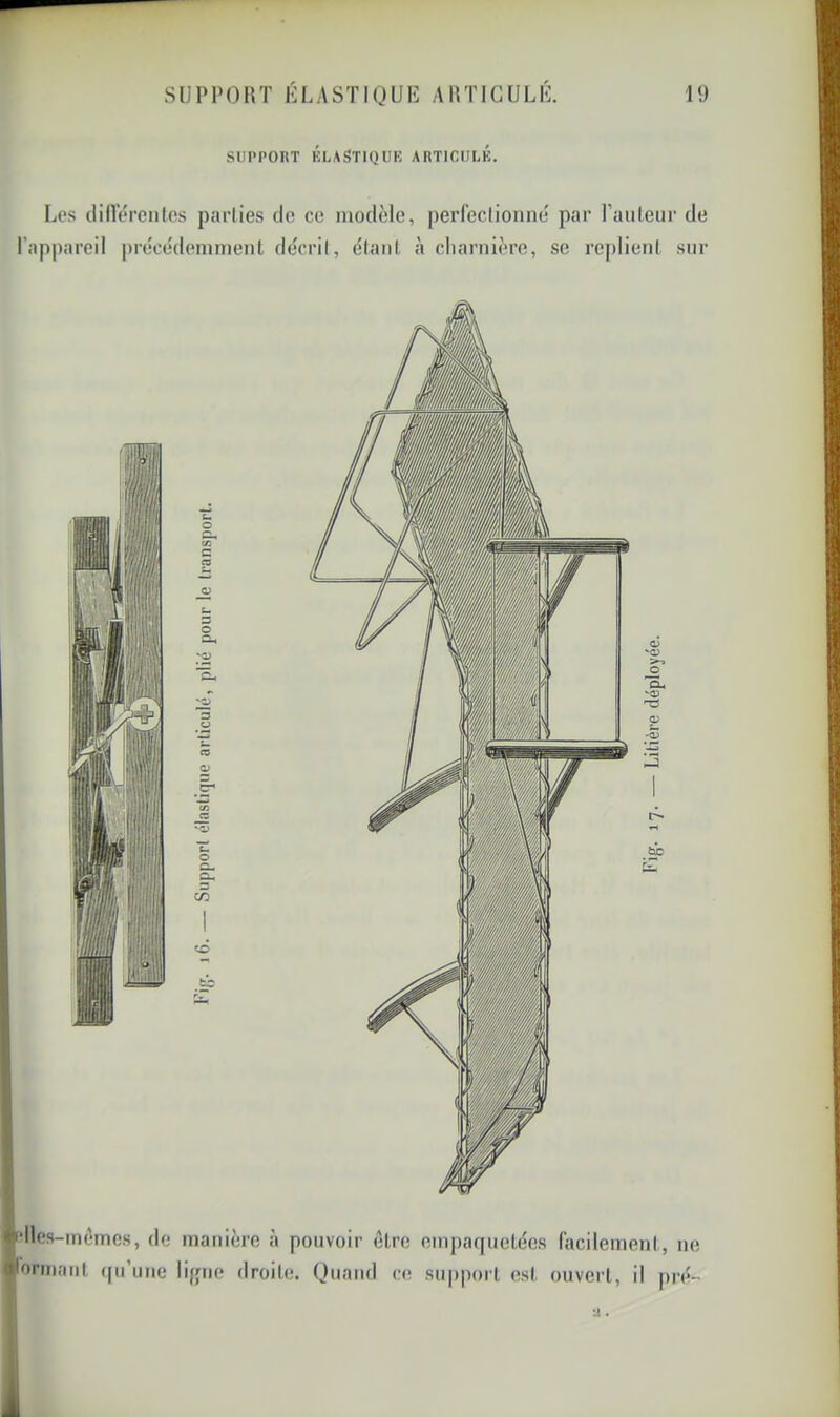 SUPPORT EUASTIQUK ARTICUUE. Les clilVéreiites parlies de ce modèle, perl'eclionne' par railleur de ppareil |)récédeniment dècril, e'Iaiil à cliarnière, se rejilienl sur '^lles-inèmes, de manière à pouvoir elre empaquetées lacilemenl, ne lorniaiil ([u’uiic lijpie droite. Quand ce su|)porl est ouvert, il pré- •J . àl .