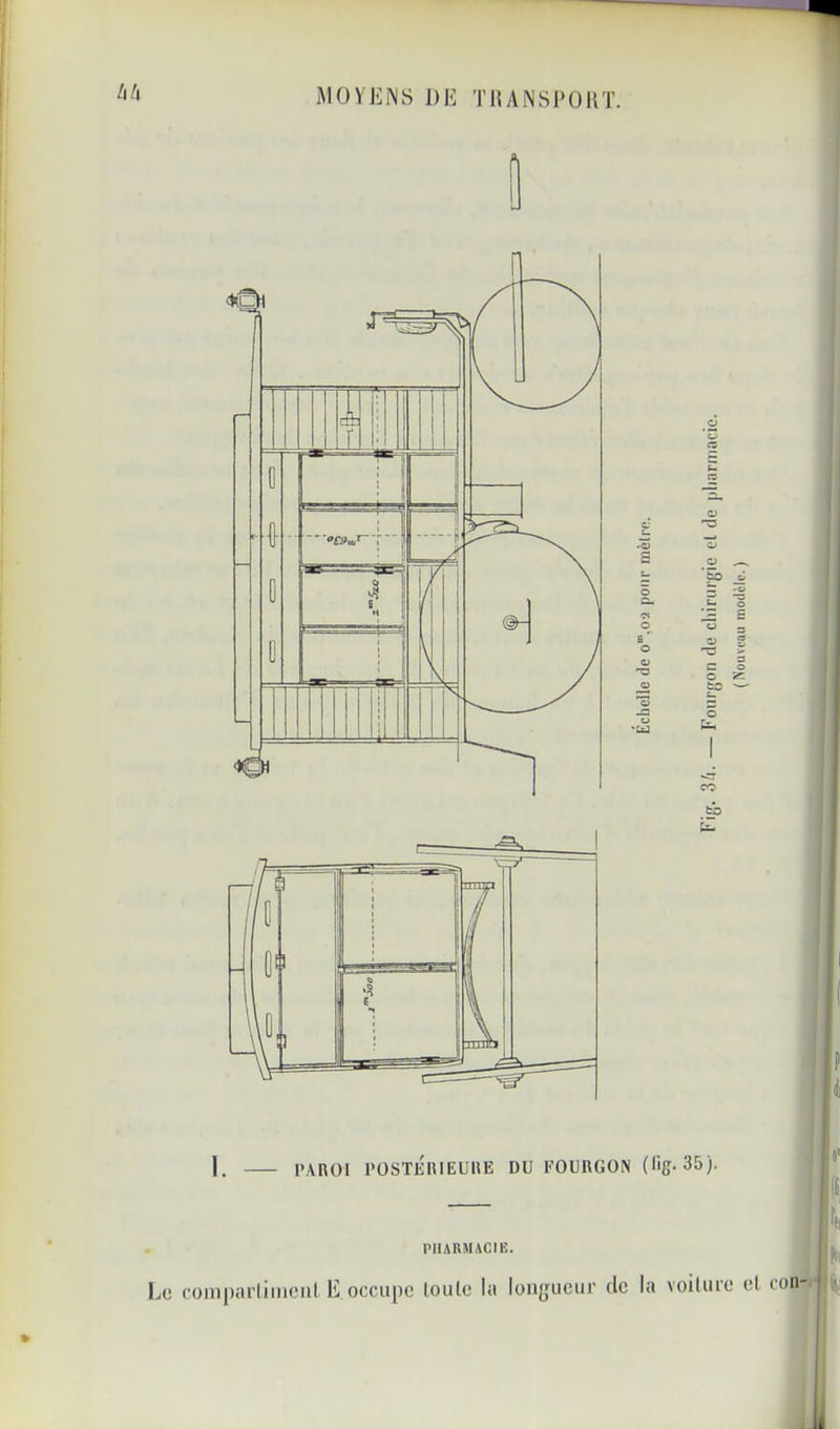 /l/l MOYEINS DE TH ANS PO HT. O Cu « O 6^“ O O ns tj 'isi O O ez ra a> .2 '5b c O fco O fc. CQ I. PAROI POSTÉRIEURE DU FOURGON (üg. 35). . PHAnMACIË. Le conipartimoiit E occupe loiUe lu lonfjueur do la voiluio cl con %