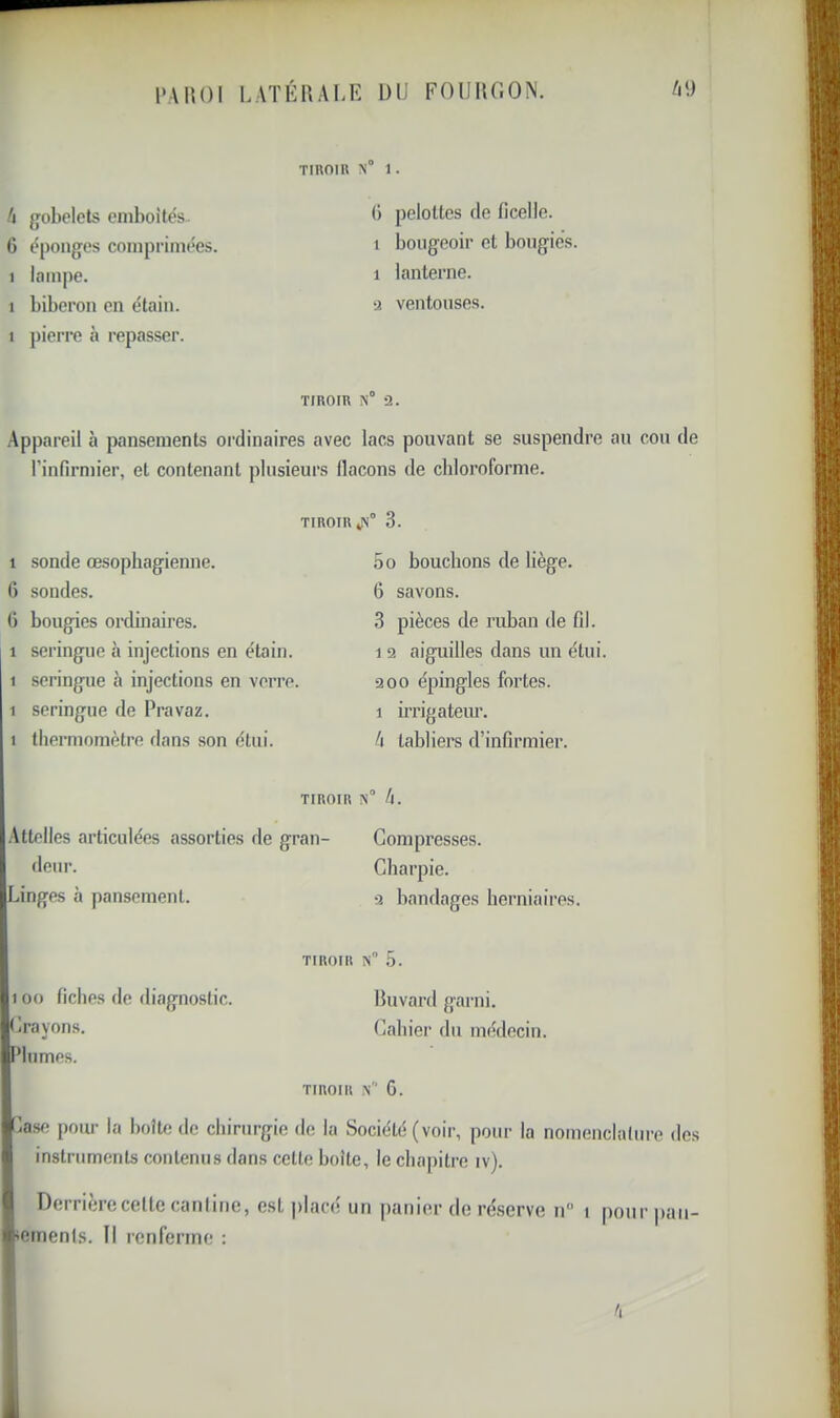 fl gobelets emboîtés. G éponges comprinn'es. 1 lampe. 1 biberon en étain. I ])ierre à repasser. Tinom N° 1. G peloltes rie ficelle. 1 bougeoir et bougies. 1 lanterne. il ventouses. TIROIR N 2. Appareil à pansements ordinaires avec lacs pouvant se suspendre au cou de l’infirmier, et contenant plusieurs flacons de chloroforme. TIROIR 3. 1 sonde œsophagienne. G sondes. G bougies ordinaires. 1 seringue à injections en étain. 1 seringue à injections en verre. 1 seringue de Pravaz. 1 thermomètre dans son étui. 5o bouchons de liège. 6 savons. 3 pièces de ruban de fil. 1 2 aiguilles dans un étui. 200 épingles fortes. 1 ii’rigateiu’. fl tabliers d’infirmier. ; TIROIR n fl. Attelles articulées assorties de gran- Compresses. I deur. I îUingPs à pansement. Charpie. 2 bandages herniaires. non fiches de diagnostic. d Iravons. •) iPhimes. TIROIR N” 5. buvard garni. Cahier du médecin. TIROIR ,V 6. I tlasf! poiu- la boîte de chirurgie de la Société (voir, pour la nomenclature des i instruments contenus dans cette hoite, le chapitre iv). ' Derrièrecelle canliiie, est placé un panier de ré.serve n” i pour pan- ’emenls. Il renferme :