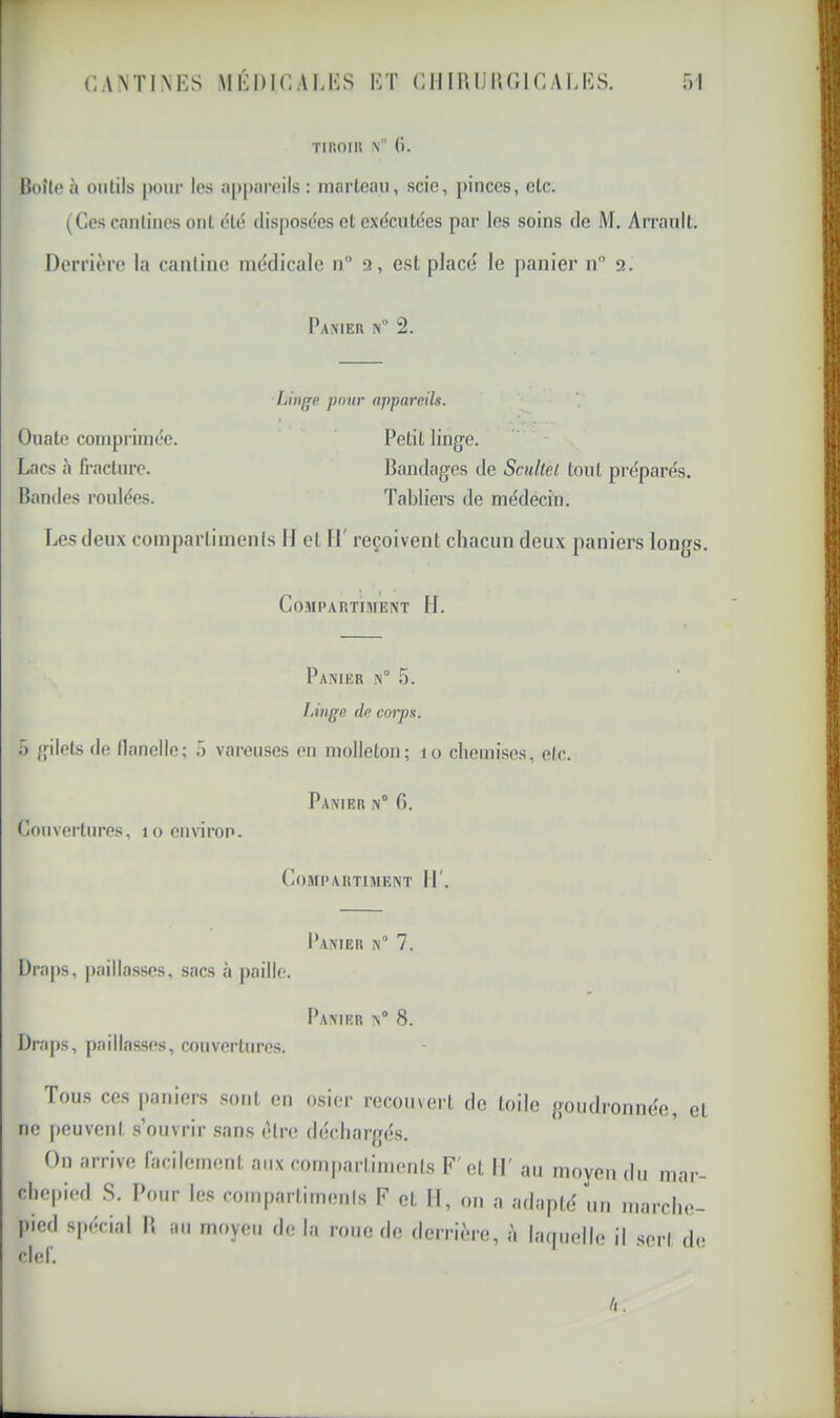 CANTiMîs mi-:i)k;ai.ks i-t ciiiiu]i$r.iCAU-:s. TlliOIU (). BoîIp à onlils |K)iir les îippnroils : niarleau, scie, pinces, etc. (Ces cantines ont disposées et exécutées par les soins de M. Arranlt. Derrière la canliiie médicale n a, est placé le panier n a. Panier n 2. Liiifre pour appareils. Ouate comprimée. Petit linge. Lacs à fracture. Bandages de Scultel tout pi'éparés. Bantles roulées. Tabliers de médecin. Les deux coinparlimenis II et II' reçoivent chacun deux paniers longs. Compartiment H. Panier n° ,5. l.iiige de corps. 5 gilets de flanelle; 5 vareuses en molleton; lo chemises, efc. Couvertures, lo environ. Panier n° 6. Compartiment IP. Panier n” 7. Draps, paillasses, sacs à paille. Panier n° 8. Draps, paillasses, couvertures. Tous ces paniers sont en osier recouvert de toile goudronnée, et ne peuvent s’ouvrir sans être déchargés. On arrive facilement aux compartimeiils F'et II' au moyen du mar- chepied .S. Pour les coinparlimenis F et II, on a adapté un march'e- picd spécial B au moyeu de la roue do derrière, è laipielle il .sert de clef.