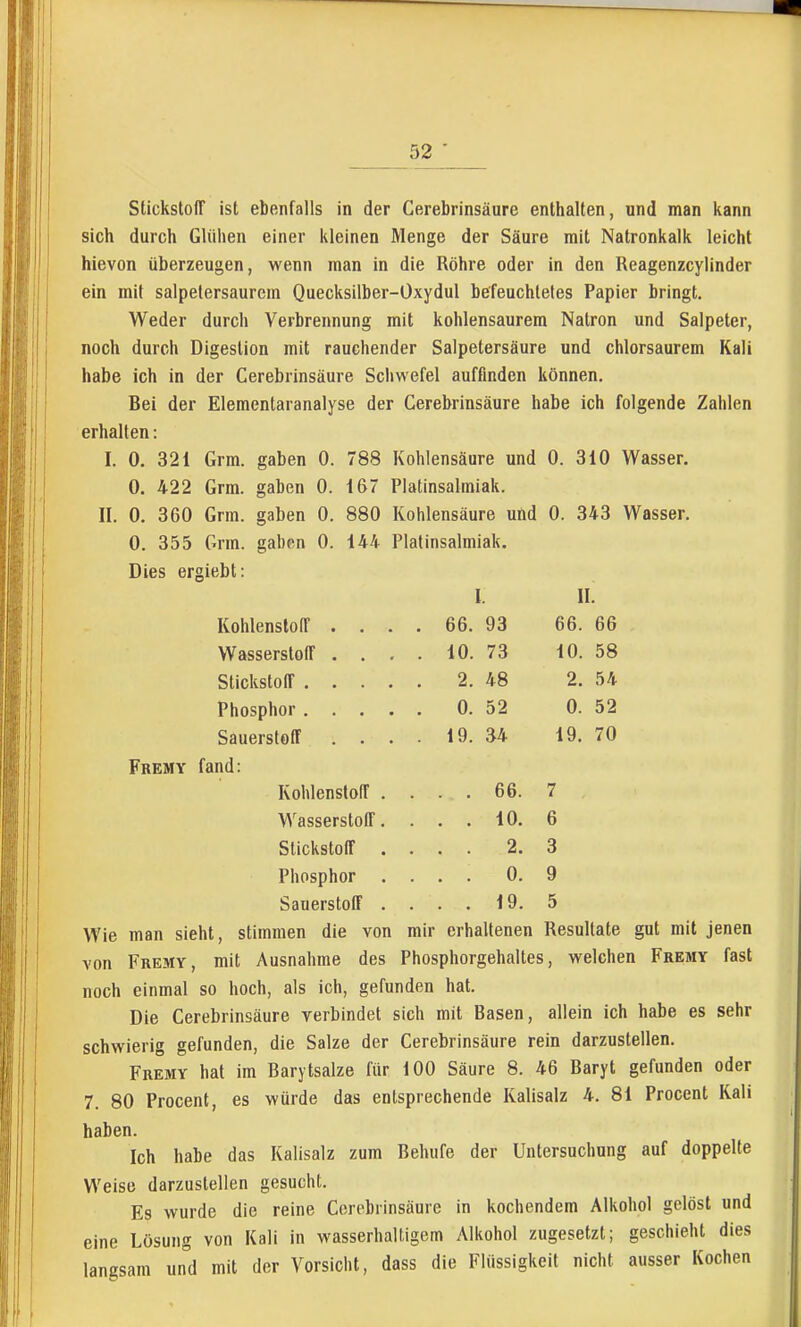 Stickstoff ist ebenfalls in der Cerebrinsäure enthalten, und man kann sich durch Glühen einer kleinen Menge der Säure mit Natronkalk leicht hievon überzeugen, wenn man in die Röhre oder in den Reagenzcylinder ein mit salpetersaurem Quecksilber-Üxydul befeuchtetes Papier bringt. Weder durch Verbrennung mit kohlensaurem Natron und Salpeter, noch durch Digestion mit rauchender Salpetersäure und chlorsaurem Kali habe ich in der Cerebrinsäure Schwefel auffinden können. Bei der Elementaranalyse der Cerebrinsäure habe ich folgende Zahlen erhalten: I. 0. 321 Grm. gaben 0. 788 Kohlensäure und 0. 310 Wasser. 0. 422 Grm. gaben 0. 167 Platinsalmiak. II. 0. 360 Grm. gaben 0. 880 Kohlensäure und 0. 343 Wasser. 0. 355 Grm. gaben 0. 144 Platinsalmiak. Dies ergiebt: Kohlenstoff . Wasserstoff . Stickstoff . . Phosphor . . Sauerstoff Fremy fand: Kohlenstoff , Wasserstoff, Stickstoff , Phosphor Sauerstoff . I 66. 93 10. 73 2. 48 0. 52 19. 34 II. 66. 66 10. 58 2. 54 0. 52 19. 70 66. 10. 2. 0. 19. 7 6 3 9 5 Wie man sieht, stimmen die von mir erhaltenen Resultate gut mit jenen von Fremy, mit Ausnahme des Phosphorgehaltes, welchen Fremy fast noch einmal so hoch, als ich, gefunden hat. Die Cerebrinsäure verbindet sich mit Basen, allein ich habe es sehr schwierig gefunden, die Salze der Cerebrinsäure rein darzustellen. Fremy hat im Barytsalze für 100 Säure 8. 46 Baryt gefunden oder 7. 80 Procent, es würde das entsprechende Kalisalz 4. 81 Procent Kali haben. Ich habe das Kalisalz zum Behufe der Untersuchung auf doppelte Weise darzustellen gesucht. Es wurde die reine Cerebrinsäure in kochendem Alkohol gelöst und eine Lösung von Kali in wasserhaltigem Alkohol zugesetzt; geschieht dies langsam und mit der Vorsicht, dass die Flüssigkeit nicht ausser Kochen