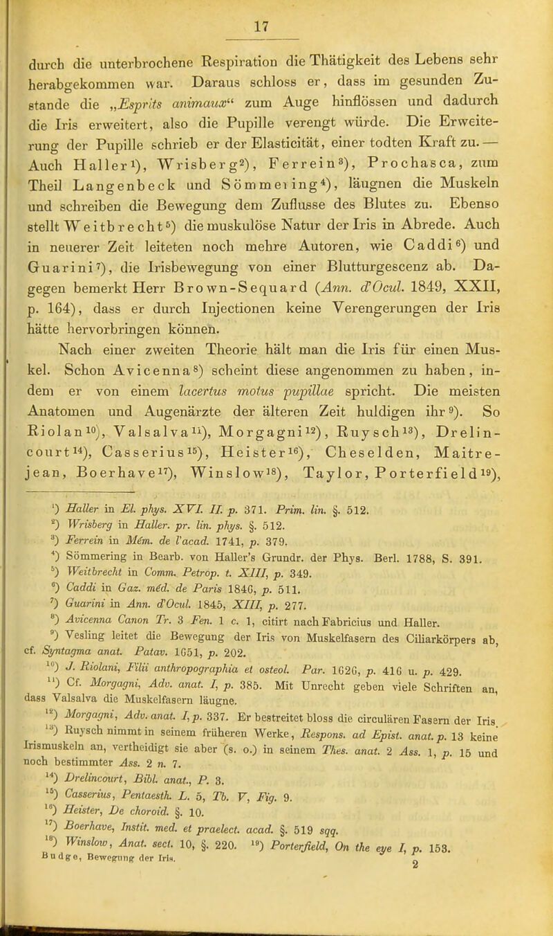 durch die unterbrochene Respiration die Thätigkeit des Lebens sehr herabgekommen war. Daraus schloss er, dass ini gesunden Zu- stande die „Esprits animaux“ zum Auge hinflössen und dadurch die Iris erweitert, also die Pupille verengt würde. Die Erweite- rung der Pupille schrieb er der Elasticität, einer todten Kraft zu. — Auch Hallerl), Wrisberg«), Ferrein»), Prochasca, zum Theil Langenbeck und Sömmeiing^), läugnen die Muskeln und schreiben die Bewegung dem Zuflüsse des Blutes zu. Ebenso stellt Weitb recht 5) die muskulöse Natur der Iris in Abrede. Auch in neuerer Zeit leiteten noch mehre Autoren, wie Caddi®) und Guarinii), die Irishewegung von einer Blutturgescenz ah. Da- gegen bemerkt Herr Brown-Sequard (Ami. dOcul. 1849, XXII, p. 164), dass er durch Injectionen keine Verengerungen der Iris hätte hervorbringen können. Nach einer zweiten Theorie hält man die Iris für einen Mus- kel. Schon AvicennaS) scheint diese angenommen zu haben, in- dem er von einem lacertus moius pupillae spricht. Die meisten Anatomen und Augenärzte der älteren Zeit huldigen ihr 9). So Riolanio), ValsalvaU), Morgagni^^), Ruyschi^), Drelin- courti^), Casserius 15), Heisteri®), Cheselden, Maitre- jean, BoerhaveH), Winslowi®), Taylor, Porterfield is), ') Haller in El. phys. XVI. II. p. 371. Prim. lin. §. 512. *) Wrisherg in Haller, pr. lin. phys. §. 512. Ferrein in FHm. de l’acad. 1741, p. 379. ■* *) Sömmering in Bearb. von Haller’s Grundr. der Phys. Berl. 1788, S. 391. Weithrecht in Comm. Petrop. t. XIII, p. 349. °) Caddi in Gaz. mid. de Paris 1840, p. 511. Guarini in Ann. d'Ocul. 1845, XIII, p. 277. «) Avicenna Canon Tr. 3 Fen. 1 c. 1, citirt nach Fabricius und Haller. Vesling leitet die Bewegung der Iris von Muskelfasern des Ciliarkörpers ab, cf. Syntagma anat. Patav. 1051, p. 202. ’ “) J. Riolani, Filii anihropographia et osteol. Par. 1020, p. 410 u. p. 429. “) Cf. Morgagni, Adv. anat. I, p. 385. Mit Unrecht geben viele Schriften an, dass Valsalva die Muskelfasern läugne. ‘“) Morgagni, Adv. anat. I,p. 337. Er bestreitet bloss die circularen Fasern der Iris Kuysch nimmt in seinem früheren Werke, Respons. ad Epist. anat. p. 13 keine Irismuskeln an, vertheidigt sie aber (s. o.) in seinem Thes. anat. 2 .<4ss. l, p. 15 und noch bestimmter Ass. 2 n. 7. ‘0 Drelincourt, Bibi, anat, P. 3. ‘5) Casserius, Pentaesth. L. 5, Tb. V, Fig. 9. “’) Heister, De choroid. §. 10. 0 Boerhave, Instit. med. et praelect. acad. §. 519 sqq. Winslow, Anat sect 10, §. 220. >«) Porterfield, On the eye I, p. 153. Budgo, Bewegmig der Ms. -