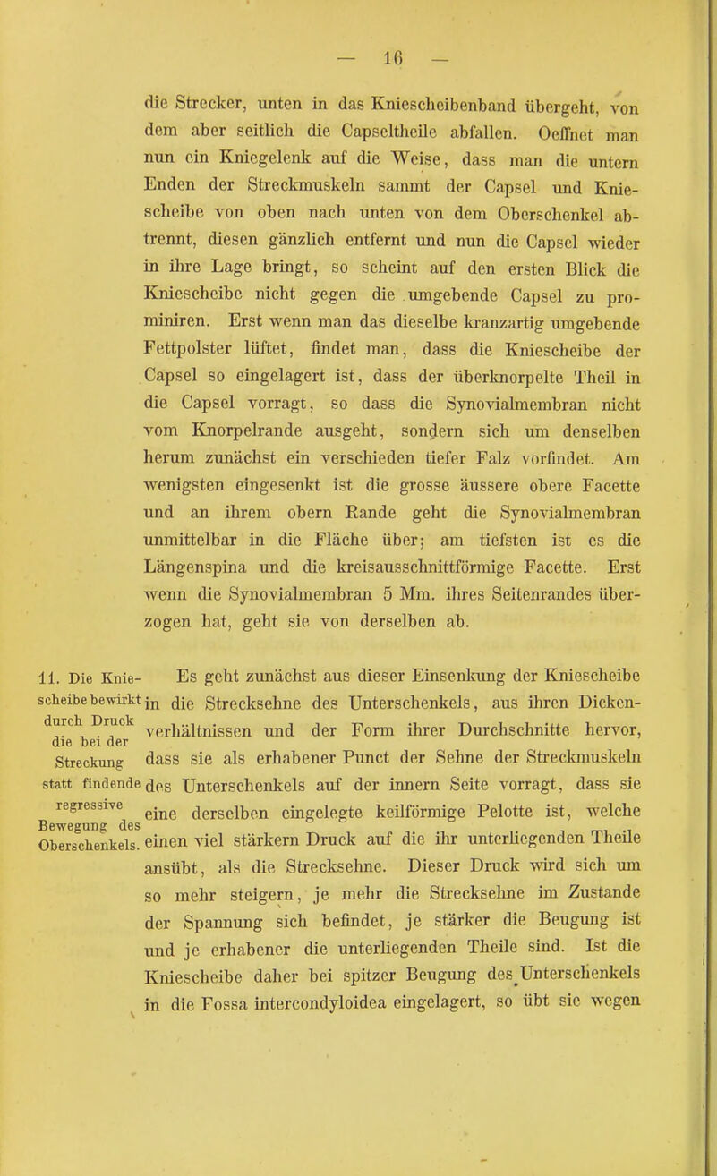 die Strecker, unten in das Kniesclicibenband übergeht, von dem aber seitlich die Capseltheile abfallen. OefTnet man nun ein Kniegelenk auf die Weise, dass man die untern Enden der Streckmuskeln sammt der Capsel und Knie- scheibe von oben nach unten von dem Oberschenkel ab- trennt, diesen gänzlich entfernt und nun die Capsel wieder in ihre Lage bringt, so scheint auf den ersten Blick die Kniescheibe nicht gegen die umgebende Capsel zu pro- miniren. Erst wenn man das dieselbe kranzartig umgebende Fettpolster lüftet, findet man, dass die Kniescheibe der Capsel so eingelagert ist, dass der überknorpelte Theil in die Capsel vorragt, so dass die Synovialmembran nicht vom Kjiorpelrande ausgeht, sondern sich um denselben herum zunächst ein verschieden tiefer Falz vorfindet. Am wenigsten eingesenkt ist die grosse äussere obere Facette und an ihrem obern Rande geht die Synovialmembran unmittelbar in die Fläche über; am tiefsten ist es die Längenspina und die kreisausschnittförmige Facette. Erst wenn die Synovialmembran 5 Mm. ihres Seitenrandes über- zogen hat, geht sie von derselben ab. 11. Die Knie- Es geht zunächst aus dieser Einsenkung der Kniescheibe Scheibe bewirkt in Strecksehne des Unterschenkels, aus ihren Dicken- , . , Verhältnissen und der Form ihrer Durchschnitte hervor, die bei der Streckung dass sie als erhabener Punct der Sehne der Streckmuskeln statt findende (Jpg Unterschenkels auf der Innern Seite vorragt, dass sie regressive ^.^^ derselben eingelegte keilförmige Pelotte ist, welche Bewegung des i mi m Oberscbenkels. einen viel stärkern Druck auf die ihr unterhegenden 1 heile ausübt, als die Strecksehne. Dieser Druck wird sich um so mehr steigern, je mehr die Strecksehne im Zustande der Spannung sich befindet, je stärker die Beugung ist und je erhabener die unterUegenden Theile sind. Ist die Kniescheibe daher bei spitzer Beugung des Unterschenkels in die Fossa intercondyloidea eingelagert, so übt sie wegen