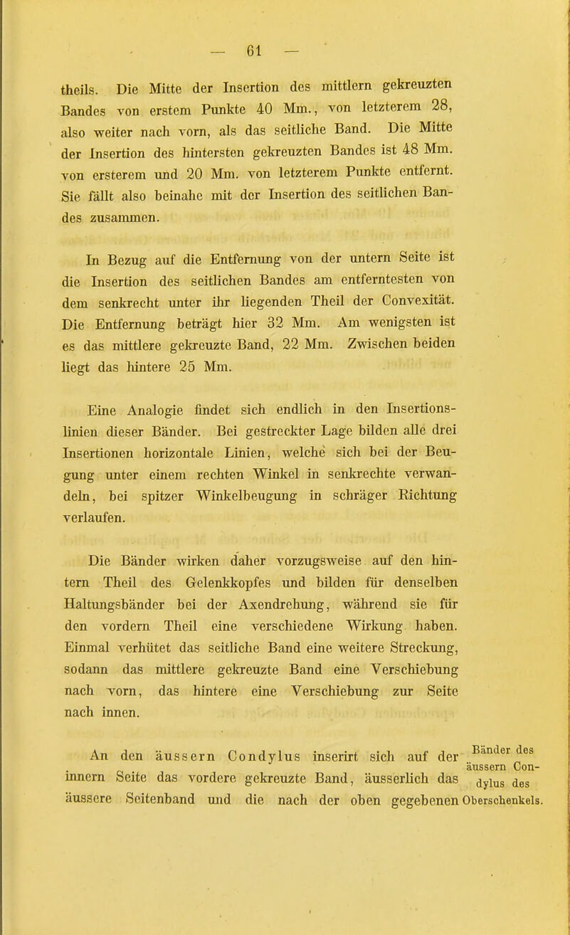 theils. Die Mitte der Insertion des mittlem gekreuzten Bandes von erstem Punkte 40 Mm., von letzterem 28, also weiter nach vorn, als das seitliche Band. Die Mitte der Insertion des hintersten gekreuzten Bandes ist 48 Mm. von ersterem und 20 Mm. von letzterem Punkte entfernt. Sie fällt also beinahe mit der Insertion des seitlichen Ban- des zusammen. In Bezug auf die Entfernung von der untern Seite ist die Insertion des seitlichen Bandes am entferntesten von dem senkrecht unter ihr liegenden Theil der Convexität. Die Entfernung beträgt hier 32 Mm. Am wenigsten ist es das mittlere gekreuzte Band, 22 Mm. Zwischen beiden liegt das hintere 25 Mm. Eine Analogie findet sich endlich in den Insertions- linien dieser Bänder. Bei gestreckter Lage bilden alle drei Insertionen horizontale Linien, welche sich bei der Beu- gung unter einem rechten Winkel in senkrechte verwan- deln, bei spitzer Winkelbeugung in schräger Richtung verlaufen. Die Bänder wirken daher vorzugsweise auf den hin- tern Theil des Gelenkkopfes und bilden für denselben Haltungsbänder bei der Axendrehung, während sie für den vordem Theil eine verschiedene Wirkung haben. Einmal verhütet das seitliche Band eine weitere Streckung, sodann das mittlere gekreuzte Band eine Verschiebung nach vorn, das hintere eine Verschiebung zur Seite nach innen. An den äussern Condylus inserirt sich auf der ^^^^ßr des äussern Con- mnern Seite das vordere gekreuzte Band, äusserlich das ^yj^g äussere Seitenband und die nach der oben gegebenen Oberschenkels.