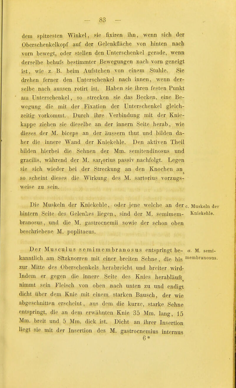 dem si)itzostcn Winkel, sie fixiren ihn, wenn sich der Obcrschenkelkopf auf der Gelenkfläche von hinten nach vorn bewegt, oder stellen den Unterschenkel gerade, wenn derselbe behufs bestimmter Bewegungen nach vorn geneigt ist, wie z. Ii. beim Aufstehen von einem Stuhle. Sie drehen ferner den Unterschenkel nach innen, wenn der- selbe nach aussen rotirt ist. Haben sie ihren festen Punkt am Unterschenkel, so strecken sie das Becken, eine Be- wegung die mit der Fixation der Unterschenkel gleich- zeitig vorkommt. Durch ihre Verbindung mit der Knie- kappe ziehen sie dieselbe an der Innern Seite herab, wie dieses der M. biceps an der äussern thut und bilden da- her die innere Wand der Kniekehle. Den aktiven Theil bilden hierbei die Sehnen der Mm. semitcndinosus und gracilis, während der M. sarj_orius passiv nachfolgt. Legen sie sich wieder bei der Streckung an den Knochen an so scheint dieses die Wirkung des M. sartorius vorzugs- weise zu sein. Die Muskeln der Kniekehle, oder jene welche an der c. Muskeln der hintern Seite des Gelenkes liegen, sind der M. semimem- Kniekehle, branosus, und die M. gastrocneraii sowie der schon oben beschriebene M. poplitaeus. Der Musculus semimembranosus entspringt be- a. M. semi- kanntlich am Sitzknorren mit einer breiten Sehne, die bis membranosus. zur Mitte des Oberschenkels herabreicht und breiter wird- Indem er gegen die innere Seite des Knies herabläuft nimmt sein Fleisch von oben nach unten zu und endigt dicht über dem Knie mit einem starken Bausch, der wie abgeschmtten erscheint, aus dem die kurze, starke Sehne entspringt, die an dem erwälmten Knie 35 Mm. lang, 15 Mm. breit und 5 Mm. dick ist. Dicht an ihrer Insertion liegt sie mit der Insertion des M. gastrocnemius internus 6*