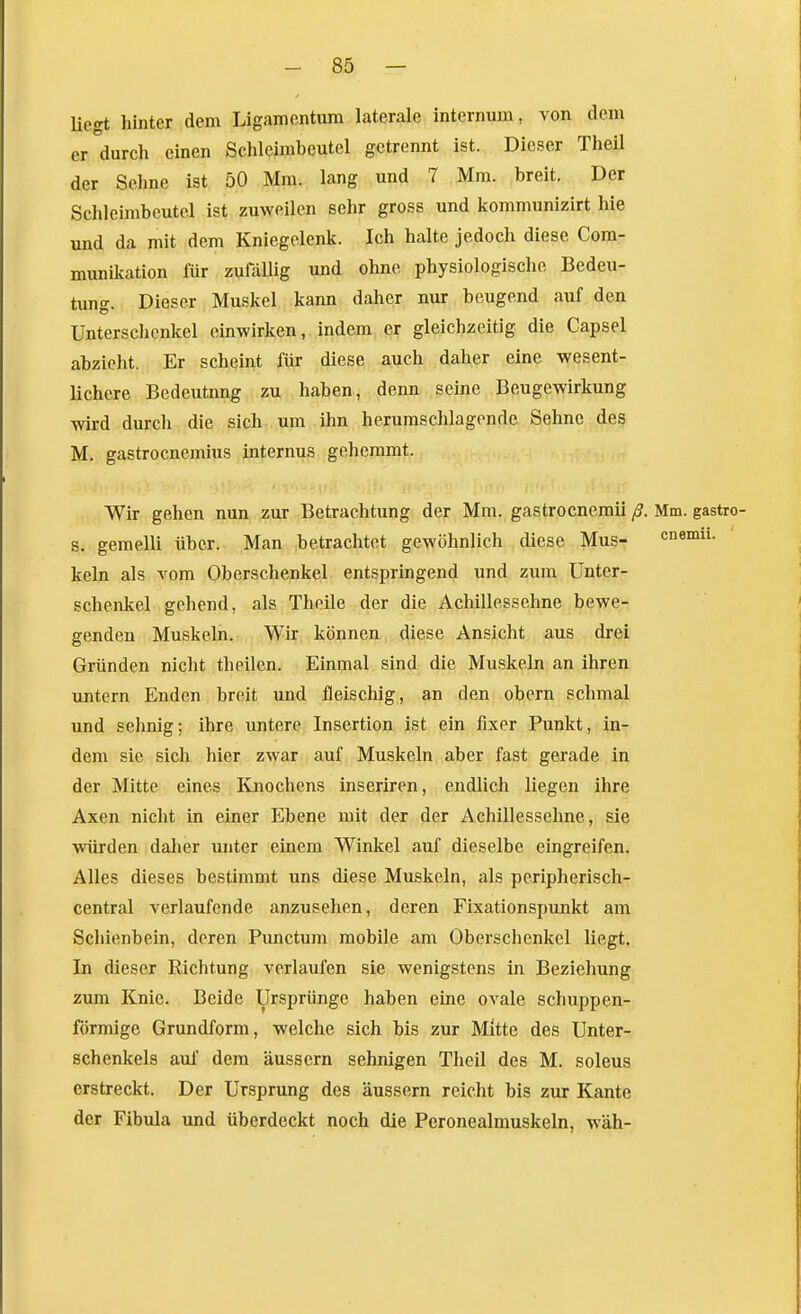 liegt hinter dem Ligamentum laterale internum, von dem er durch einen Schleimbeutel getrennt ist. Dieser Theil der Sehne ist 50 Mm. lang und 7 Mm. breit. Der Schleimbeutel ist zuweilen sehr gross und kommunizirt hie und da mit dem Kniegelenk. Ich halte jedoch diese Com- munikation für zufällig und ohne physiologische Bedeu- tung. Dieser Muskel kann daher nur beugend auf den Unterschenkel einwirken, indem er gleichzeitig die Capsel abzieht. Er scheint für diese auch daher eine wesent- lichere Bedeutung zu haben, denn seine Beugewirkung wird durch die sich um ihn herumschlagende Sehne des M. gastrocnemius internus gehemmt. Wir gehen nun zur Betrachtung der Mm. gastrocnemii ß. Mm. gastro- s. gemelli über. Man betrachtet gewöhnlich diese Mus- cnemu. kein als A'om Oberschenkel entspringend und zum Unter- schenkel gehend, als Theile der die Achillessehne bewe- genden Muskeln. Wir können diese Ansicht aus drei Gründen nicht theilen. Einmal sind die Muskeln an ihren untern Enden breit und fleischig, an den obcrn schmal und sehnig; ihre untere Insertion ist ein fixer Punkt, in- dem sie sich hier zwar auf Muskeln aber fast gerade in der Mitte eines Knochens inseriren, endlich liegen ihre Axen niclit in einer Ebene mit der der Achillessehne, sie würden daher unter einem Winkel auf dieselbe eingreifen. Alles dieses bestimmt uns diese Muskeln, als peripherisch- central verlaufende anzusehen, deren Fixationspunkt am Schienbein, deren Pimctum mobile am Oberschenkel liegt. In dieser Richtung verlaufen sie wenigstens in Beziehung zum Knie. Beide Ursprünge haben eine ovale schuppen- förmige Grundform, welche sich bis zur Mitte des Unter- schenkels auf dem äussern sehnigen Theil des M. soleus erstreckt. Der Ursprung des äussern reicht bis zur Kante der Fibula und überdeckt noch die Pcronealmuskeln, wäh-