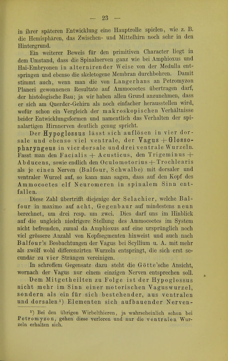 in ihrer späteren Entwicklung eine Hauptrolle spielen, wie z. B. tlie Hemisphären, das Zwischen- und Mittelhirn noch sehr in den Hintergrund. Ein weiterer Beweis für den primitiven Character liegt in dem Umstand, dass die Spinalnerven ganz wie bei Amphioxus und Hai-Embryonen in alternirender Weise von der Medulla ent- springen und ebenso die skeletogene Membran durchbohren. Damit stimmt auch, wenn man die von Langerhans an Petromyzon Pianeri gewonnenen Resultate auf Ammocoetes übertragen darf, der histologische Bau; ja wir haben allen Grund anzunehmen, dass er sich am Querder-Gehirn als noch einfacher herausstellen wird, wofür schon ein Vergleich der makroskopischen Verhältnisse beider Entwicklungsformen und namentlich das Verhalten der spi- nalartigen Himnerven deutlich genug spricht. Der Hypoglossus lässt sich auflösen in vier dor- sale und ebenso viel ventrale, der Vagus + Glosso- pharyngeus in vier dorsale und drei ventrale Wurzeln. Fasst man den Facialis + Acusticus, den Trigeminus + Abducens, sowie endlich den Oculomotorius + Trochlearis als je einen Nerven (Balfour, Schwalbe) mit dorsaler und ventraler Wurzel auf, so kann man sagen, dass auf den Kopf des Ammocoetes elf Neuromeren in spinalem Sinn ent- fallen. Diese Zahl übertrifft diejenige der Selachier, welche Bal- four in maximo auf acht, Gegenbaur auf mindestens neun berechnet, um drei resp. um zwei. Dies darf uns im Hinblick auf die ungleich niedrigere Stellung des Ammocoetes im System nicht befremden, zumal da Amphioxus auf eine ursprünglich noch viel grössere Anzahl von Kopfsegmenten hinweist und auch nach Balfour's Beobachtungen der Vagus bei Scyllium u. A. mit mehr als zwölf wohl diflferenzirten Wurzeln entspringt, die sich erst se- cundär zu vier Strängen vereinigen. In schroffem Gegensatz dazu steht die Götte'sche Ansicht, wornach der Vagus nur einem einzigen Nerven entsprechen soll. Dem Mitgctheilten zu Folge ist der Hypoglossus nicht mehr im Sinn einer motorischen Vaguswurzel, sondern als ein für sich bestehender, aus ventralen und dorsalen 1) Elementen sich aufbauender Nerven- ^) Bei den übrigen Wirbelthieren, ja wahrscheinlich schon bei Petromyzon, gehen diese verloren und nur die ventralen Wur- zeln erhalten sich.