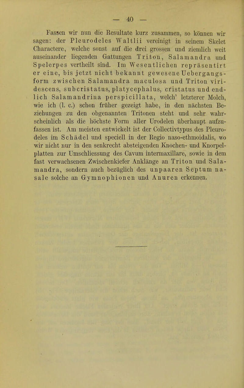 Fassen wir mm die Resultate kurz zusammen, so können wir sagen: der Pleurodeles Waltlii vereinigt in seinem Skelet Charactere, welche sonst auf die drei grossen und ziemlich weit auseinander liegenden Gattungen Triton, Salamandra und Spelerpes vertheilt sind. Im Wesentlichen repräsentirt er eine, bis jetzt nicht bekannt gewesene Uebergangs- form zwischen Salamandra maculosa und Triton viri- descens, subcristatus, platycephalus, cristatus und end- lich Salamandrina perspicillata, welch' letzterer Molch, wie ich (1. c.) schon früher gezeigt habe, in den nächsten Be- ziehungen zu den obgenannten Tritonen steht und sehr wahr- scheinlich als die höchste Form aller Urodelen überhaupt aufzu- fassen ist. Am meisten entwickelt ist der CoUectivtypus des Pleuro- deles im Schädel und speciell in der Regio naso-ethmoidalis, wo wir nicht nur in den senkrecht absteigenden Knochen- und Knorpel- platten zur Umschliessung des Cavum intermaxillare, sowie in dem fast verwachsenen Zwischenkiefer Anklänge an Triton und Sala- mandra, sondern auch bezüglich des unpaaren Septum na- sale solche an Grymnophionen und Anuren erkennen.