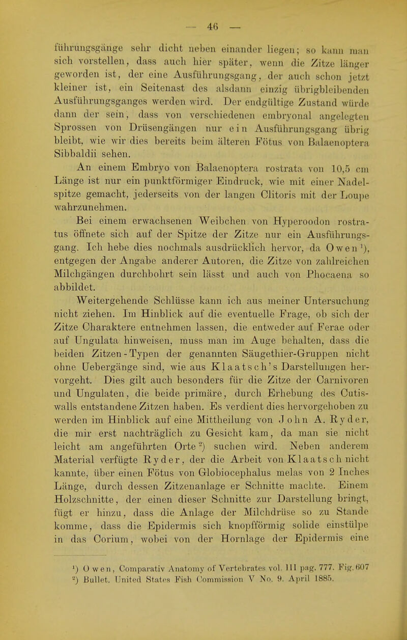 — 4(3 — fiilu-ungsgdiige sehr dicht neben einander liegen; so kann man sich vorstellen, dass auch hier später, wenn die Zitze länger geworden ist, der eine Ausführungsgang, der auch sclion jetzt kleiner ist, ein Seitenast des alsdann einzig übrigbleibenden Ausführungsganges werden wird. Der endgültige Zustand würde dann der sein, dass von verschiedenen embryonal angelegten Sprossen von Drüsengängen nur ein Ausführungsgang übrig bleibt, wie Avir dies bereits beim älteren Fötus von Balaenoptera Sibbaldii sehen. An einem Embryo von Balaenoptera rostrata von 10,5 cm Länge ist nur ein punktförmiger Eindruck, wie mit einer Nadel- spitze gemacht, jederseits von der langen Clitoris mit der Loupe wahrzunehmen. Bei einem erwachsenen Weibchen von Hyperoodon rostra- tus öffnete sich auf der Spitze der Zitze nur ein Ausführungs- gang. Ich hebe dies nochmals ausdrücklich hervor, da Owen '), entgegen der Angabe anderer Autoren, die Zitze von zahlreichen Milchgängen durchbohrt sein lässt und auch von Phocaena so abbildet. Weitergehende Schlüsse kann ich aus meiner Untersuchung nicht ziehen. Im Hinblick auf die eventuelle Frage, ob sich der Zitze Charaktere entnehmen lassen, die entweder auf Ferae oder auf Ungulata hinweisen, muss man im Auge behalten, dass die beiden Zitzen - Typen der genannten Säugethier-Gruppen nicht ohne üebergänge sind, wie aus K1 a a t s c h' s Darstellungen her- vorgeht. Dies gilt auch besonders für die Zitze der Carnivoren und Ungulaten, die beide primäre, durch Erhebung des Cutis- walls entstandene Zitzen haben. Es verdient dies hervorgehoben zu werden im Hinblick auf eine Mittheilung von John A. Ryder, die mir erst nachträglich zu Gesicht kam, da man sie nicht leicht am angeführten Orte -) suchen wird. Neben anderem Material verfügte Byder, der die Arbeit von Klaatsch nicht kannte, über einen Fötus von Globiocephalus melas von 2 Inches Länge, durch dessen Zitzenanlage er Schnitte machte. Einem Holzschnitte, der einen dieser Schnitte zur Darstellung bringt, fügt er hinzu, dass die Anlage der Milchdrüse so zu Stande komme, dass die Epidermis sich knopfförmig solide einstülpe in das Corium, wobei von der Hornlage der Epidermis eine ') U wen, Comparativ Anatomy of Vertebratos vol. HI piigf. 777. Fi.ir.«07