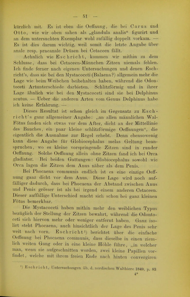 kürzlich mit. Es ist eben die Oeffriung; die bei Carus und Otto, wie wir oben sahen als „glandula analis figurirt und an dem untersuchten Exemplar wohl zufällig dopjielt vorkam. — Es ist dies darum wichtig, weil somit die letzte Angabe über anale resp. praeanale Drüsen bei Cetaceen fällt. Aehnlich wie Eschricht, kommen wir mithin zu dem Schlüsse. dass bei Cetaceen-Männchen Zitzen niemals fehlen. Ich finde ferner nach eigenen Untersuchungen und denen Esch- richt's. dass sie bei den Mystacoceti (Balaena ?) allgemein mehr die Lage wie beim Weibchen beibehalten haben, während die Odon- toceti Artunterschiede darbieten. Schlitzförmig und in ihrer Lage ähnlich wie bei den Mystacoceti sind sie bei Delphinus acutus. — Ueber die anderen Arten vom Genus Delphinus habe ich keine Erfahrung. — Dieses Resultat ist schon gleich im Gegensatz zu Esch- richt's ganz allgemeiner Angabe: „an allen männlichen Wal- Fötus fanden sich etwas vor dem After, dicht an der Mittellinie des Bauches, ein paar kleine schlitzförmige Oeffnungen, die eigentlich die Ausnahme zur Regel erhebt. Denn ebensowenig kann diese Angabe für Globiocephalus melas Geltung bean- spruchen, wo es kleine vorspringende Zitzen sind in runder Oeffnung. Solche Oeffnung allein ohne Zitzen fand ich bei Orca gladiator. Bei beiden Gattungen: Globiocephalus sowohl wie Orca lagen die Zitzen dem Anus näher als dem Penis. Bei Phocaena communis endlich ist es eine einzige Oeff- nung ganz dicht vor dem Anus. Diese Lage wird noch auf- fälliger dadurch, dass bei Phocaena der Abstand zwischen Anus und Penis grösser ist als bei irgend einem anderen Cetaceen. Dieser auffällige Unterschied macht sich schon bei ganz kleinen Fötus bemerkbar. Die Mystacoceti haben mithin mehr den weiblichen Typus bezüglich der Stellung der Zitzen bewahrt, während die Odonto- ceti sich hiervon mehr oder weniger entfernt haben. Ganz iso- lirt steht Phocaena, auch hinsichtlich der Lage des Penis sehr weit nach vorn. E sehricht i) berichtet über die einfache Oeffnung bei Phocaena communis, dass dieselbe in einen ziem- lich weiten Gang oder in eine kleine Höhle führe, „in welcher man, wenn sie aufgeschnitten worden, zwei kleine Papillen vor- findet, welche mit ihrem freien Ende nacli hinten convergircn ') Eschricht, Untersuchungen üb. d. nordischen Walthiere 1849, p. 83 4*