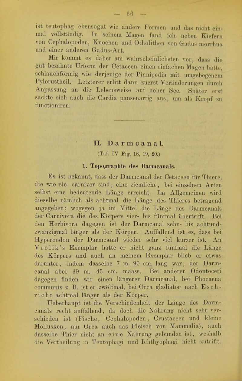 — 6fi — ist teutophag ebensogut wie andere Formen und das nicht ein- mal vollständig. In seinem Magen fand ich neben Kiefern von Oephalopüden, Knochen und Otholithon von Gadus morrhua und einer anderen Gadus-Art. Mir kommt es daher am wahrscheinlichsten vor, dass die gut bezahnte Urform der Getaceen einen einfachen Magen hatte, schlauchförmig wie derjenige der Pinnipedia mit umgebogenem Pylorustheil. Letzterer erlitt dann zuerst Veränderungen durch Anpassung an die Lebensweise auf hoher See. Später erst sackte sich auch die Cardia pansenartig aus. um als Kropf zu functioniren. II. D a r m c a n a L (Taf. IV Fig. 18, 19, 20.) 1. Topographie des Darmcanals. Es ist bekannt, dass der Darmcanal der Getaceen für Thiere, die wie sie carnivor sind, eine ziemliche, bei einzelnen Arten selbst eine bedeutende Länge erreicht. Im Allgemeinen wird dieselbe nämlich als achtmal die Länge des Thieres betragend angegeben; wogegen ja im Mittel die Länge des Darmcanals der Garnivora die des Körpers vier- bis fünfmal übertrifft. Bei den Herbivora dagegen ist der Darmcanal zehn- bis achtund- zwanzigmal länger als der Körper. Auffallend ist es, dass bei Hyperoodon der Darmcanal wieder sehr viel kürzer ist. An V r 01 i k' s Exemplar hatte er nicht ganz fünfmal die Länge des Körpers und auch an meinem Exemplar blieb er etwas darunter, indem dasselbe 7 m. 90 cm. lang war, der Darm- canal aber 39 m. 45 cm. maass. Bei anderen Odontoceti dagegen finden wir einen längeren Darmcanal, bei Phocaena communis z. B. ist er zwölfmal, bei Orca gladiator nach E s c h - rieht achtmal länger als der Körper. TJeberhaupt ist die Verschiedenheit der Länge des Darm- canals recht auffallend, da doch die Nahrung nicht sehr ver- schieden ist (Fische, Cephalopoden, Grustaceen und kleine Mollusken, nur Orca auch das Fleisch von Mammalia), auch dasselbe Thier nicht an eine Nahrung gebunden ist, weshalb die Vertheilung in Teutophagi und Ichthyophagi niclit zutrifft.