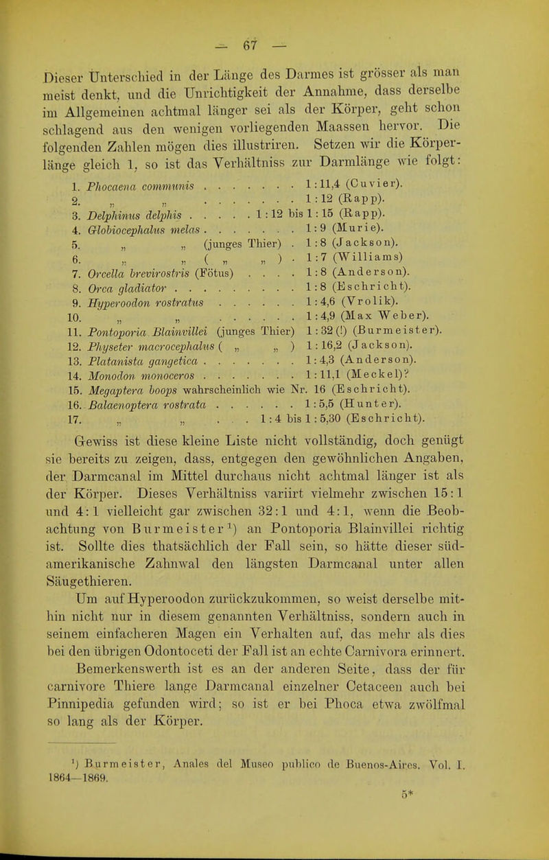 Dieser Unterschied in der Länge des Darmes ist grösser als man meist denkt, und die Unrichtigkeit der Annahme, dass derselbe im Allgemeinen achtmal länger sei als der Körper, geht schon schlagend aus den wenigen vorliegenden Maassen hervor. Die folgenden Zahlen mögen dies illustriren. Setzen wir die Körper- länge gleich 1, so ist das Verhältniss zur Darmlänge wie folgt: 1. Phocaena communis , 1:11,4 (Cuvier). 2. „ „ 1:12 (Rapp). 3. Delphinus delpUs 1:12 bis 1:15 (Rapp). 4. Globiocephahis melas 1:9 (Murie). 5. „ „ (junges Thier) . 1:8 (Jackson), 6. „ „ ( „ „ ) • 1:7 (Williams) 7. Orcella brevirostris (Eötiia) . . . . 1:8 (Anderson). 8. Orca gladiator 1: 8 (Escbricht). 9. Hyperoodon rostrahis 1:4,6 (Vrolik). 10. „ „ 1:4,9 (Max Weber). 11. Pontoporia Blainvillei (junges Thier) 1: 32 (!) (Burma ist er). 12. Physeter macrocephalus { „ „ ) 1:16,2 (Jackson). 13. Platanista gangetica 1: 4,3 (Anderson). 14. Monodon monoceros 1:11,1 (Meckel)? 15. Megaptera hoops wahrscheinlich wie Nr. 16 (Eschriebt). 16.. ßalaenoptera rostrata 1: 5,5 (H u n t e r). 17. „ „ ... 1:4 bis 1:5,30 (Eschricht). Gewiss ist diese kleine Liste nicht vollständig, doch genügt sie bereits zu zeigen, dass, entgegen den gewöhnlichen Angaben, der Darmcanal im Mittel durchaus nicht achtmal länger ist als der Körper. Dieses Verhältniss variirt vielmehr zwischen 15:1 und 4:1 vielleicht gar zwischen 32:1 und 4:1, wenn die Beob- achtung von Burmeister ^) an Pontoporia Blainvillei richtig ist. Sollte dies thatsächlich der Fall sein, so hätte dieser süd- amerikanische Zahnwal den längsten Darmcanal unter allen Säugethier en. Um auf Hyperoodon zurückzukommen, so weist derselbe mit- hin nicht nur in diesem genannten Verhältniss, sondern auch in seinem einfacheren Magen ein Verhalten auf, das mehr als dies bei den übrigen Odontoceti der Fall ist an echte Carnivora erinnert. Bemerkenswerth ist es an der anderen Seite, dass der für carnivore Thiere lange Darmcanal einzelner Cetaceen auch bei Pinnipedia gefunden wird; so ist er bei Phoca etwa zwölfmal so lang als der Körper. Burmeister, Anales dal Musen publico de Buenos-Aires. Vol. I. 1864—1869.