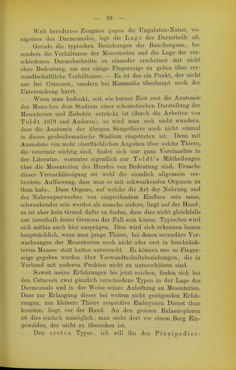 Weit beredteres Zeiigiiiss gegen die Üngulaten-Natur, we- nigstens des Darmcanales, legt die Lage der Darmtheile ab. Gerade die typischen Beziehungen der ßauchorgane, be- sonders die Verhältnisse der Mesenterien und die Lage der ver- schiedenen Darmabschnitte zu einander erscheinen mir nicht ohne Bedeutung, um uns einige Fingerzeige zu geben über ver- wandtschaftliche Verhältnisse. — Es ist das ein Punkt, der nicht nur bei Cetaceen, sondern bei Mammalia überhaupt noch der Untersuchung harrt. Wenn man bedenkt, seit wie kurzer Zeit erst die Anatomie des Menschen dem Stadium einer schematischen Darstellung der Mesenterien und Zubehör entrückt ist (durch die Arbeiten von Toi dt 1879 und Anderen), so wird man sich nicht wundern, dass die Anatomie der übrigen Säugethiere noch nicht einmal in dieses grobschematische Stadium eingetreten ist. Denn mit Ausnahme von mehr oberflächlichen Angaben über solche Thiere, die Veterinär wichtig sind, findet sich nur ganz Vei-einzeltes in der Literatur, worunter eigentlich nur Toldt's Mittheilungen über die Mesenterien des Hundes von Bedeutung sind. Ursache dieser Vernachlässigung ist wohl die ziemlich allgemein ver- breitete Auffassung, dass man es mit schwankenden Organen zu thun habe. Dass Organe, auf welche die Art der Nahrung und des Nahrungserwerbes von eingreifendem Einfluss sein muss, schwankender sein werden als manche andere, liegt auf der Hand; es ist aber kein Grund dafür zu finden, dass dies nicht gleichfalls nur innerhalb fester Grenzen der Fall sein könne. Typisches wird sich mithin auch hier ausprägen. Dies wird sich erkennen lassen hauptsächlich, wenn man junge Thiere, bei denen secundäre Ver- wachsungen der Mesenterien noch nicht oder erst in beschränk- terem Maasse statt hatten untersucht. Es können uns so Finger- zeige gegeben werden über Verwandtschaftsbeziehungen, die in Verband mit anderen Punkten nicht zu unterschätzen sind. Soweit meine Erfahrungen bis jetzt reichen, finden sich bei den Cetaceen zwei gänzlich verschiedene Typen in der Lage des Darmcanals und in der Weise seiner Anheftung an Mesenterien. Dass zur Erlangung dieser bei weitem nicht genügenden Erfah- rungen, nur kleinere Thiere respective Embryonen Dienst thun konnten, liegt vor der Hand. An den grossen Balaenopteren ist dies einfach unmöglich: man steht dort vor einem Berg Ein- geweiden, der nicht zu übersehen ist. Den ersten Typus, ich will ihn den Pinnipedier-