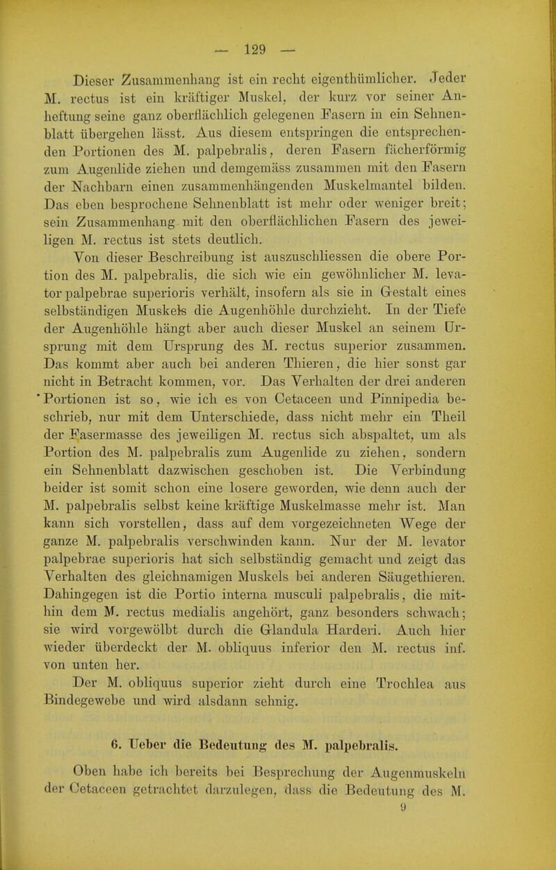 Dieser Zusammenhang ist ein recht eigenthümlicher. Jeder M. rectus ist ein kräftiger Muskel, der kurz vor seiner An- heftung seine ganz oberflächlich gelegenen Fasern in ein Sehnen- blatt übergehen lässt. Aus diesem entspringen die entsprechen- den Portionen des M. palpebralis, deren Fasern fächerförmig zum Augenlide ziehen und demgemäss zusammen mit den Fasern der Nachbarn einen zusammenhängenden Muskelmantel bilden. Das eben besprochene Seimenblatt ist mehr oder weniger breit; sein Zusammenhang mit den oberflächlichen Fasern des jewei- ligen M. rectus ist stets deutlich. Von dieser Beschreibung ist auszuschliessen die obere Por- tion des M. palpebralis, die sich wie ein gewöhnlicher M. leva- torpalpebrae superioris verhält, insofern als sie in Gestalt eines selbständigen Muskek die Augenhöhle durchzieht. In der Tiefe der Augenhöhle hängt aber auch dieser Muskel an seinem Ur- sprung mit dem Ursprung des M. rectus superior zusammen. Das kommt aber auch bei anderen Thieren, die hier sonst gar nicht in Betracht kommen, vor. Das Verhalten der drei anderen ' Portionen ist so, wie ich es von Oetaceen und Pinnipedia be- schrieb, nur mit dem Unterschiede, dass nicht mehr ein Theil der Fasermasse des jeweiligen M. rectus sich abspaltet, um als Portion des M. palpebralis zum Augenlide zu ziehen, sondern ein Sehnenblatt dazwischen geschoben ist. Die Verbindung beider ist somit schon eine losere geworden, wie denn auch der M. palpebralis selbst keine kräftige Muskelmasse mehr ist. Man kann sich vorstellen, dass auf dem vorgezeichneten Wege der ganze M. palpebralis verschwinden kann. Nur der M. levator palpebrae superioris hat sich selbständig gemacht und zeigt das Verhalten des gleichnamigen Muskels bei anderen Säugethieren. Dahingegen ist die Portio interna musculi palpebralis, die mit- hin dem M. rectus medialis angehört, ganz besonders schwach; sie wird vorgewölbt durch die Glandula Harderi. Auch hier wieder überdeckt der M. obliquus inferior den M. rectus inf. von unten her. Der M. obliquus superior zieht durch eine Trochlea aus Bindegewebe und wird alsdann sehnig. 6. Ueber die Bedeutung des M. pali)ebralis. Oben habe ich bereits bei Besprechung der Augenmuskeln der Oetaceen getrachtet darzulegen, dass die Bedeutung des M. 9