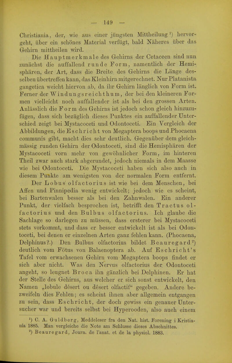 Cliristiania, der, wie aus einer jüngsten Mittlieilimg ^) hervor- geht, über ein schönes Material verfügt, bald Näheres über das Gehirn niittheilen wird. Die Hauptmerkmale des Gehirns der Cetaceen sind nun zunächst die auffallend runde Form, namentlich der Hemi- sphären, der Art, dass die Breite des Gehirns die Länge des- selben übertreffen kann, das Kleinhirn mitgerechnet. Nur Platanista gangetica weicht hiervon ab, da ihr Gehirn länglich von Form ist. Ferner der Windungsreichthum, der bei den kleineren For- men vielleicht noch auffallender ist als bei den grossen Arten. Anlässlich die Form des Gehirns ist jedoch schon gleich hinzuzu- fügen, dass sich bezüglich dieses Punktes ein auffallender Unter- schied zeigt bei Mystacoceti und Odontoceti. Ein Vergleich der Abbildungen, die E s c h r i c h t von Megaptera boops und Phocaena communis gibt, macht dies sehr deutlich. Gegenüber dem gleich- mässig runden Gehirn der Odontoceti, sind die Hemisphären der Mystacoceti vorn mehr von gewöhnlicher Form, im hinteren Theil zwar auch stark abgerundet, jedoch niemals in dem Maasse wie bei Odontoceti. Die Mystacoceti haben sich also auch in diesem Punkte am wenigsten von der normalen Form entfernt. Der Lobus olfactorius ist wie bei dem Menschen, bei Affen und Pinnipedia wenig entwickelt; jedoch wie es scheint, bei Bartenwalen besser als bei den Zahnwalen. Ein anderer Punkt, der vielfach besprochen ist, betrifft den Tractus ol- factorius und den Bulbus olfactorius. Ich glaube die Sachlage so darlegen zu müssen, dass ersterer bei Mystacoceti stets vorkommt, und dass er besser entwickelt ist als bei Odon- toceti, bei denen er einzelnen Arten ganz fehlen kann. (Phocaena, Delphinus?.) Den Bulbus olfactorius bildet Beauregard-) deutlich vom Fötus von Balaenoptera ab. Auf Eschricht's Tafel vom erwachsenen Gehirn vom Megaptera boops findet er sich aber nicht. Was den Nervus olfactorius der Odontoceti angeht, so leugnet Broca ihn gänzlich bei Delphinen. Er hat der Stelle des Gehirns, aus welcher er sich sonst entwickelt, den Namen „lobule desert ou desert olfactif gegeben. Andere be- zweifeln dies Fehlen; es scheint ihnen aber allgemein entgangen zu sein, dass Eschricht, der doch gewiss ein genauer Unter- sucher war und bereits selbst bei Hyperooden, also aueh einem ^) 0. A. Guldberg, Meddeleser fra den Nat. bist. JForening i Kristia- nia 1885. Man vergleiche die Note am Schlüsse dieses Abschnittes. ^) Beauregard, Journ. de l'anat. et de la physiol. 1883.