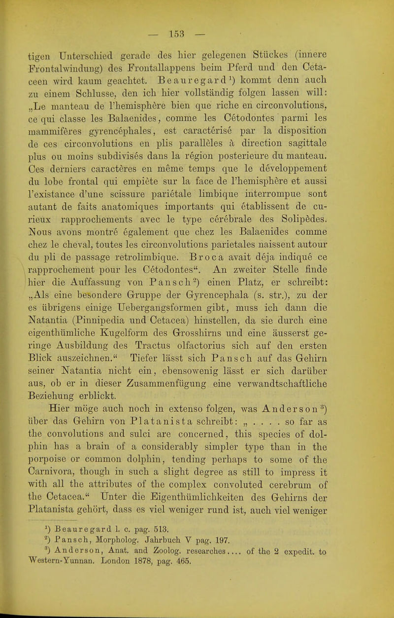 tigen Unterscliiecl gerade des liier gelegenen Stückes (innere Frontalwindung) des Froutallappens beim Pferd und den Ceta- ceen Avird kaum geachtet, Beauregard^) kommt denn auch zu einem Schlüsse, den ich hier vollständig folgen lassen will: „Le manteau de l'hemisphere hien que riche en circonvolutions, ce qui classe les Balaenides, comme les Cetodontes parmi les mammiferes gyrencephales, est caracterise par la disposition de ces circonvolutions en plis paralleles ä direction sagittale plus ou moins subdivises dans la region posterieure du manteau. Ces derniers caracteres en meme temps que le developpement du lobe frontal qui empiete sur la face de l'hemisphere et aussi l'existance d'une scissure parietale limbique interrompue sont autant de faits anatomiques importants qui etablissent de cu- rieux rapprochements avec le type cerebrale des Solipedes. Nous avons montre egalement que chez les Balaenides comme chez le cheval, toutes les circonvolutions parietales naissent autour du pli de passage retrolimbique. Broca avait deja indique ce rapprochement pour les Cötodontes. An zweiter Stelle finde hier die Auffassung von Pansch^) einen Platz, er schreibt: „Als eine besondere Grruppe der Gryrencephala (s. str.), zu der es übrigens einige TJebergangsformen gibt, muss ich dann die Natantia (Pinnipedia und Cetacea) hinstellen, da sie durch eine eigenthümliche Kugelform des Grosshirns und eine äusserst ge- ringe Ausbildung des Tractus olfactorius sich auf den ersten Blick auszeichnen, Tiefer lässt sich Pansch auf das Gehirn seiner Natantia nicht ein, ebensowenig lässt er sich darüber aus, ob er in dieser Zusammenfügung eine verwandtschaftliche Beziehung erblickt. Hier möge auch noch in extenso folgen, was Anderson^) über das Gehirn von Platanista schreibt: „ .... so far as the convolutions and sulci are concerned, this species of dol- phin has a brain of a considerably simpler type than in the porpoise or common dolphin, tending perhaps to some of the Carnivora, though in such a slight degree as still to impress it with all the attributes of the complex convoluted cerebrum of the Cetacea. Unter die Eigenthümliclikeiten des Gehirns der Platanista gehört, dass es viel weniger rund ist, auch viel weniger Beauregard 1. c. pag. 513. ^) Pansch, Morpholog. Jahrbuch V pag. 197. ^) Anderson, Anat. and Zoolog, researches of the 2 expedit. to Western-Yunnan, London 1878, pag. 465.