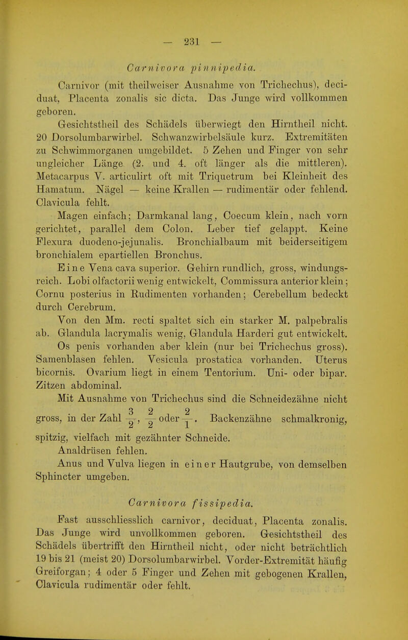 Carnivora pinnipedia. Carnivor (mit theilweiser Ausnalime von Triclieclms), deci- duat, Placenta zonalis sie dicta. Das Junge wird vollkommen geboren. Gesiclitstheil des Schädels überwiegt den Hirntheil nicht. 20 Dorsoliimbarwirbel. Schwanzwirbelsäule kurz. Extremitäten zu Schwimmorganen umgebildet. 5 Zehen und Finger von sehr ungleicher Länge (2. und 4. oft länger als die mittleren). Metacarpus V. articulirt oft mit Triquetrum bei Kleinheit des Hamatum. Nägel — keine Krallen — rudimentär oder fehlend. Clavicula fehlt. Magen einfach; Darmkanal lang, Coecum klein, nach vorn gerichtet, parallel dem Colon. Leber tief gelappt. Keine Flexura duodeno-jejunalis. Bronchialbaum mit beiderseitigem bronchialem epartiellen Bronchus. Eine Vena cava superior. Gehirn rundlich, gross, windungs- reich. Lobi olfactorii wenig entwickelt, Commissura anterior klein; Cornu posterius in Rudimenten vorhanden; Cerebellum bedeckt durch Cerebrum. Von den Mm. recti spaltet sich ein starker M. palpebralis ab. Glandula lacrymalis wenig, Glandula Harderi gut entwickelt. Os penis vorhanden aber klein (nur bei Trichechus gross). Samenblasen fehlen. Vesicula prostatica vorhanden. Uterus bicornis. Ovarium liegt in einem Tentorium. Uni- oder bipar. Zitzen abdominal. Mit Ausnahme von Trichechus sind die Schneidezähne nicht 3 2 2 gross, in der Zahl— oder — . Backenzähne schmalkronig, spitzig, vielfach mit gezähnter Schneide. Analdrüsen fehlen. Anus und Vulva liegen in einer Hautgrube, von demselben Sphincter umgeben. Carnivora fissipedia. Fast ausschliesslich carnivor, deciduat, Placenta zonalis. Das Junge wird unvollkommen geboren. Gesichtstheil des Schädels übertrifft den Hirntheil nicht, oder nicht beträchtlich 19 bis 21 (meist 20) Dorsolumbarwirbel. Vorder-Extremität häufig Greiforgan; 4 oder 5 Finger und Zehen mit gebogenen Krallen, Clavicula rudimentär oder fehlt.